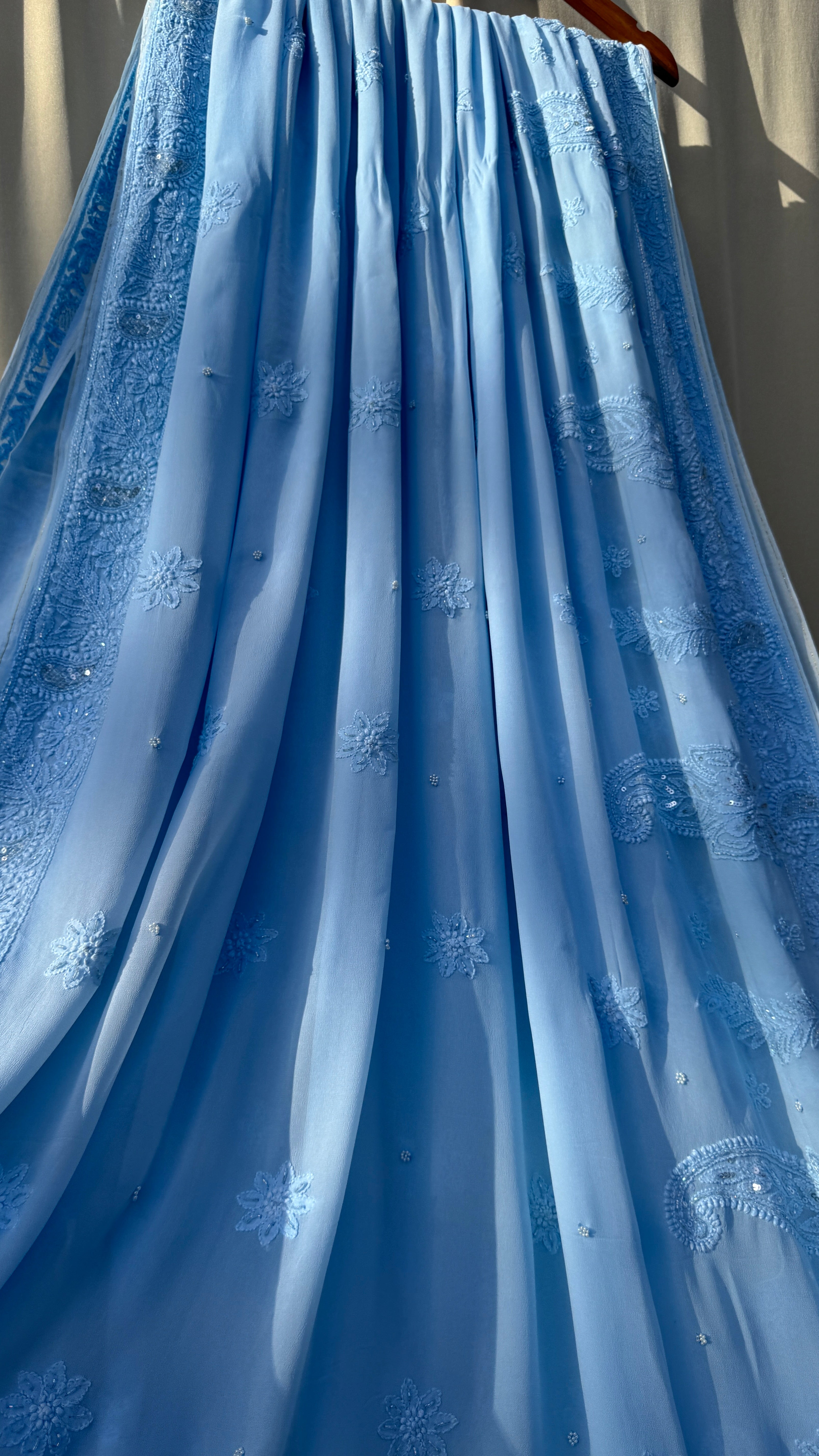 Viscose Blue Chikankari saree with Pearl embellishments