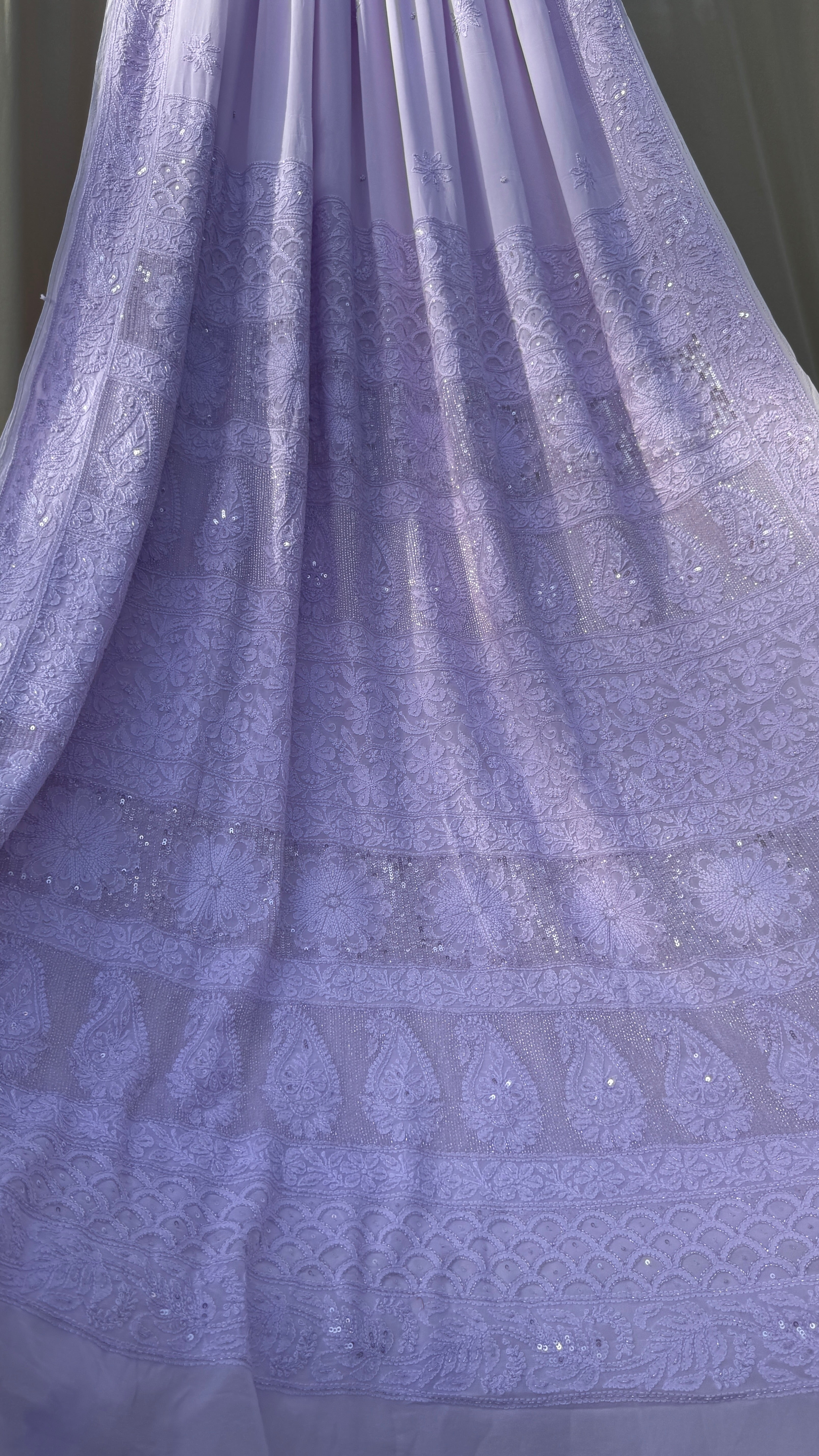 Viscose Lavender Chikankari saree with Pearl embellishments