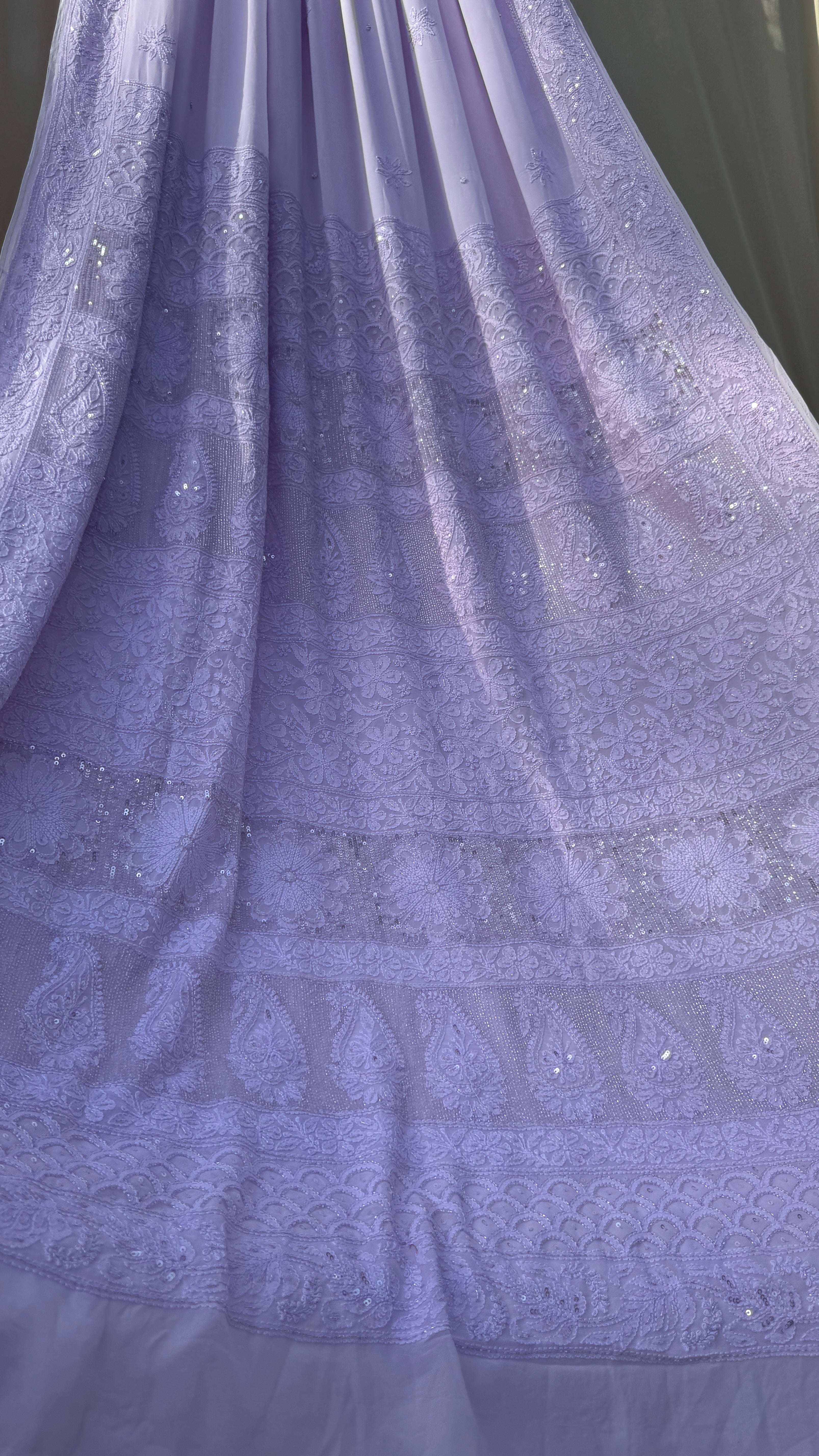 Viscose Lavender Chikankari saree with Pearl embellishments