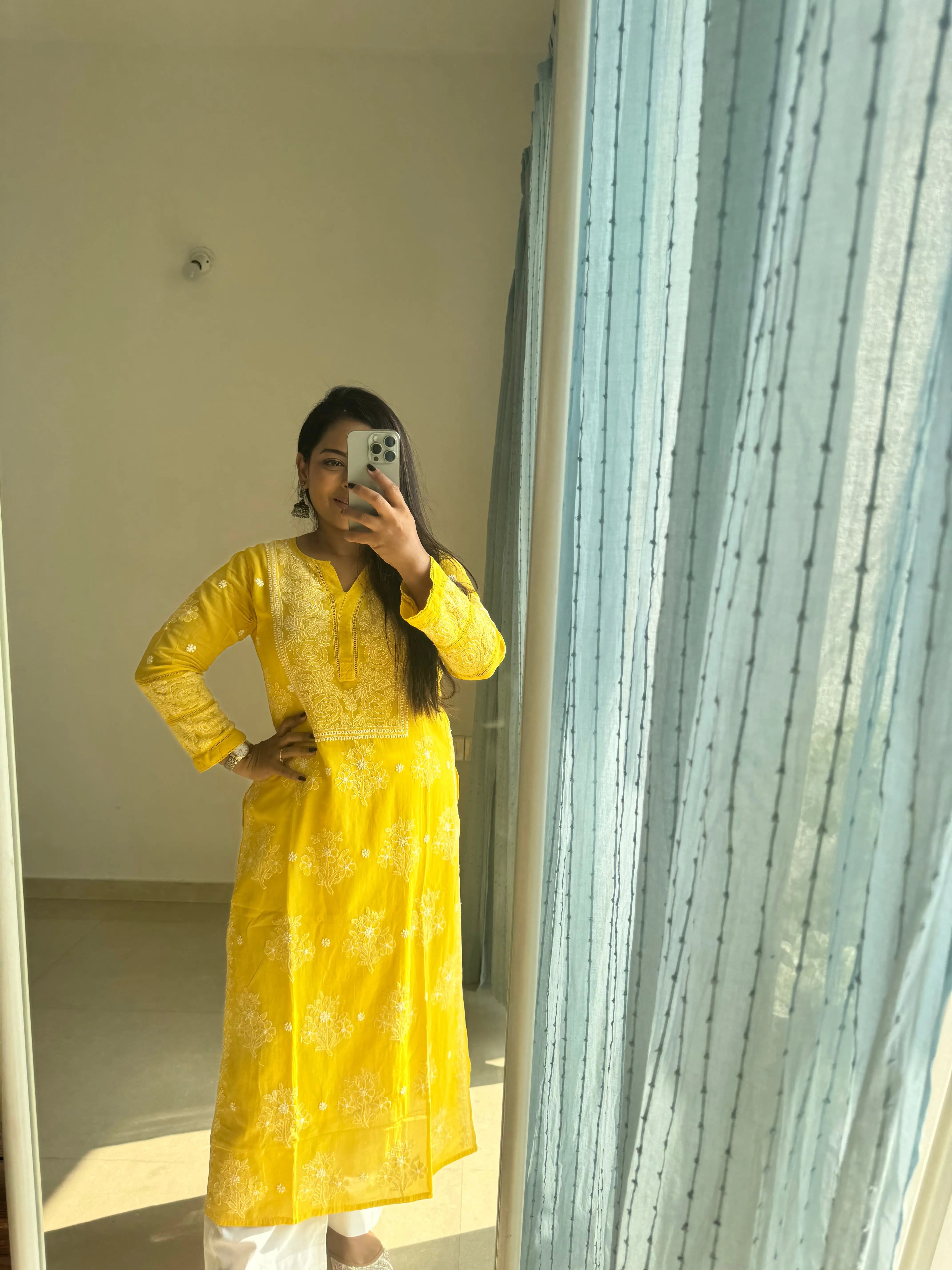 Mul Cotton Chikankari Kurti - Yellow ARIAA CHIKANKARI 