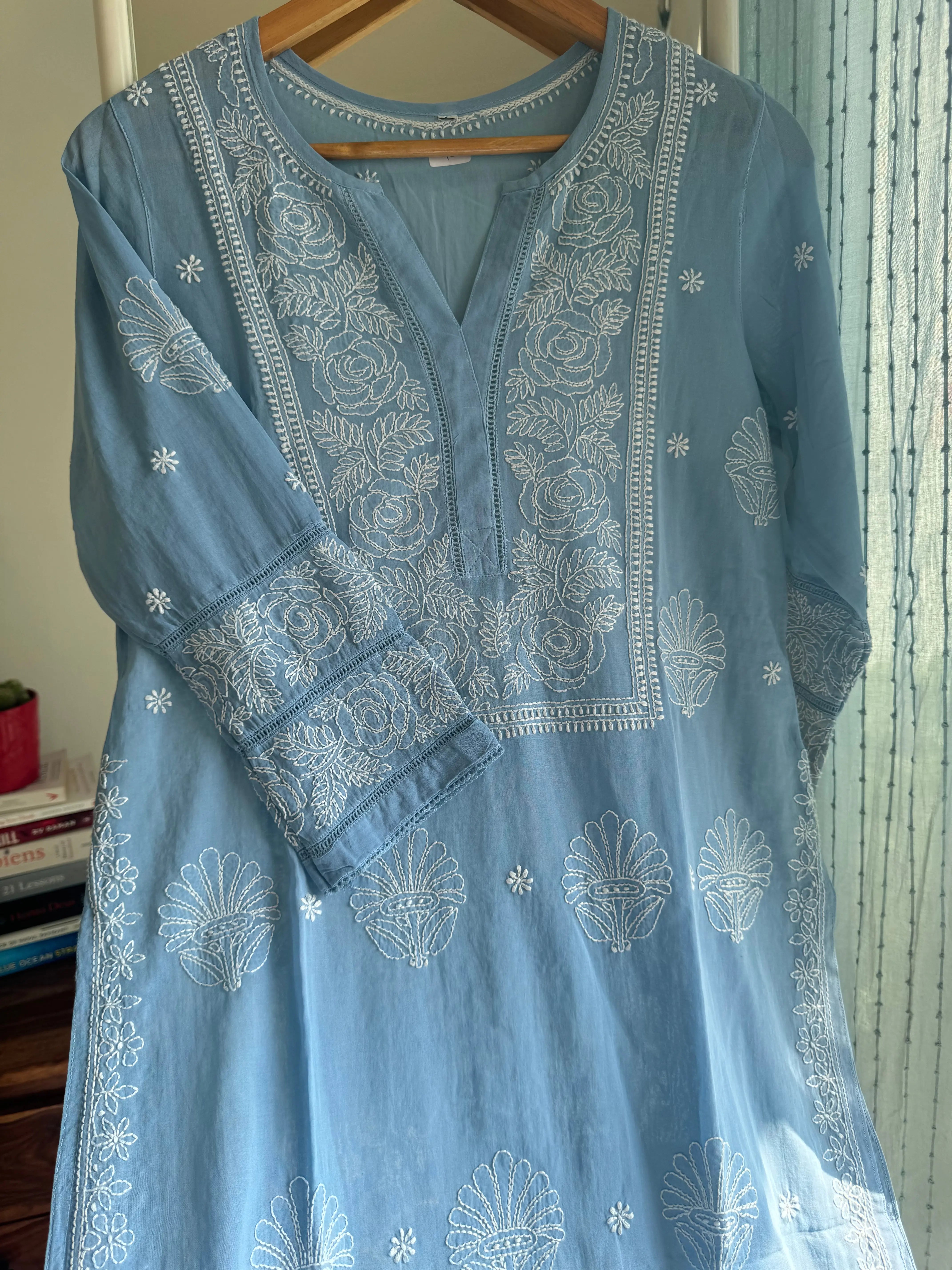 Mul Cotton Chikankari Kurti - Blue ARIAA CHIKANKARI 