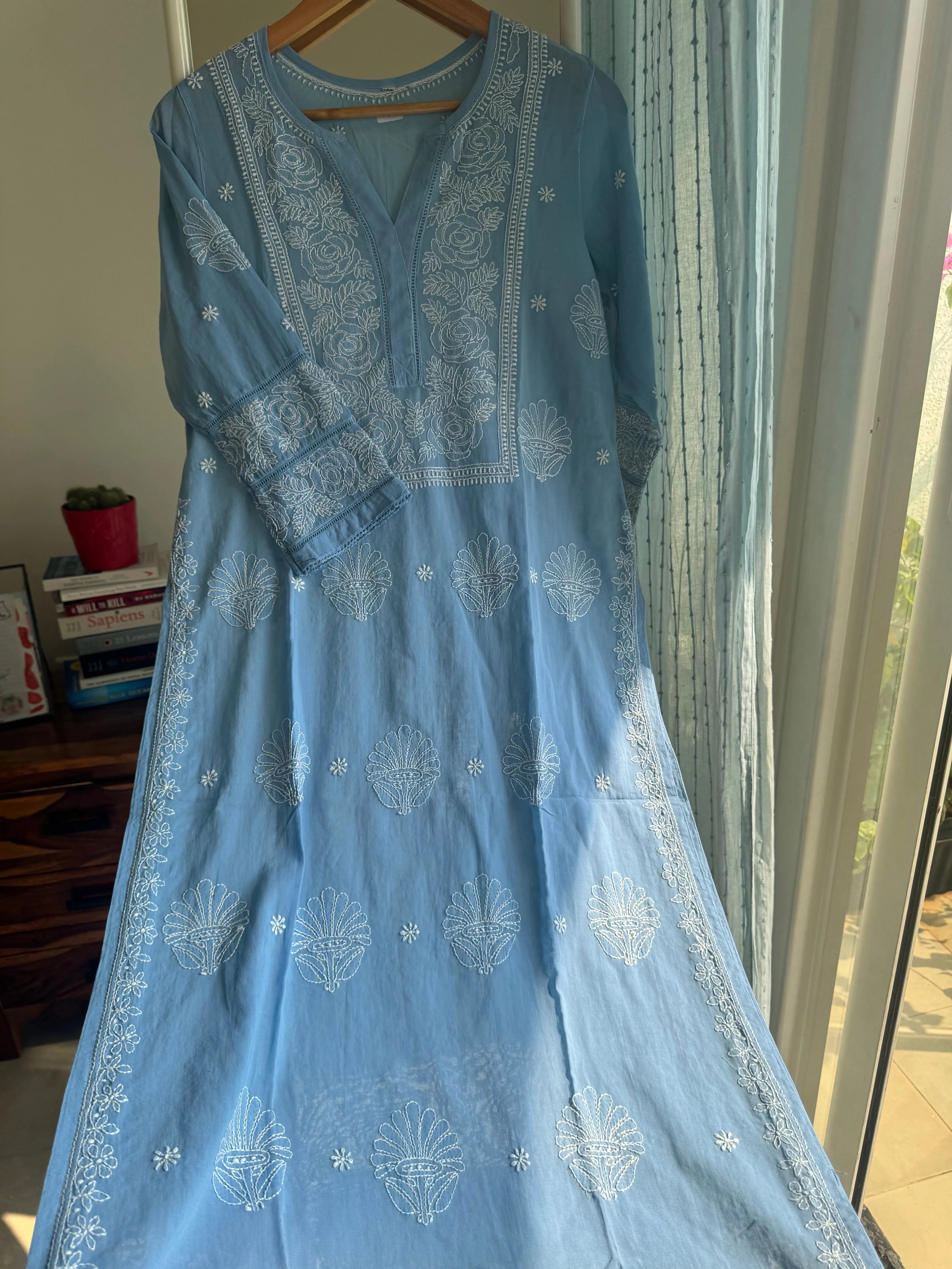 Mul Cotton Chikankari Kurti - Blue ARIAA CHIKANKARI 