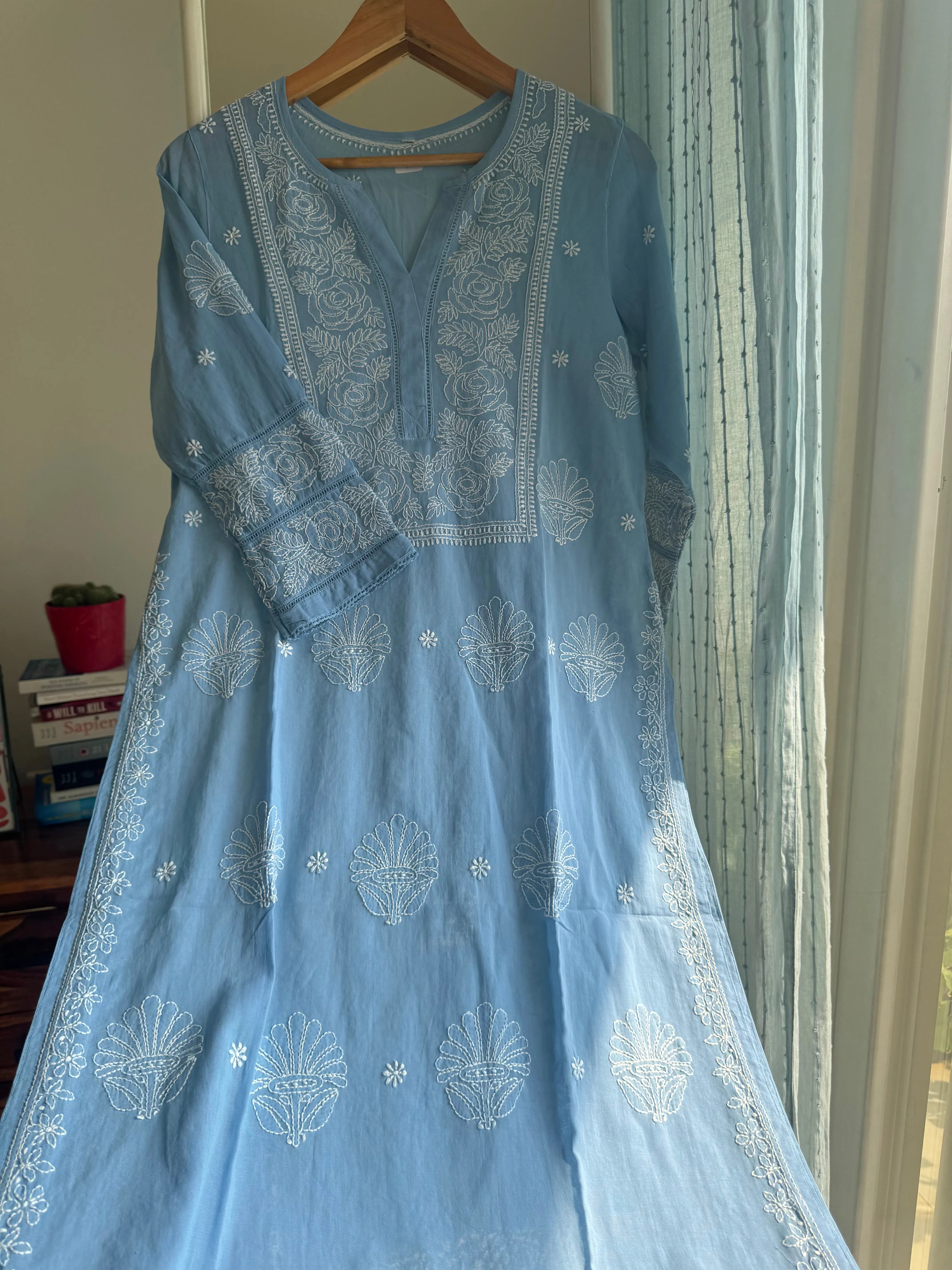 Mul Cotton Chikankari Kurti - Blue ARIAA CHIKANKARI 