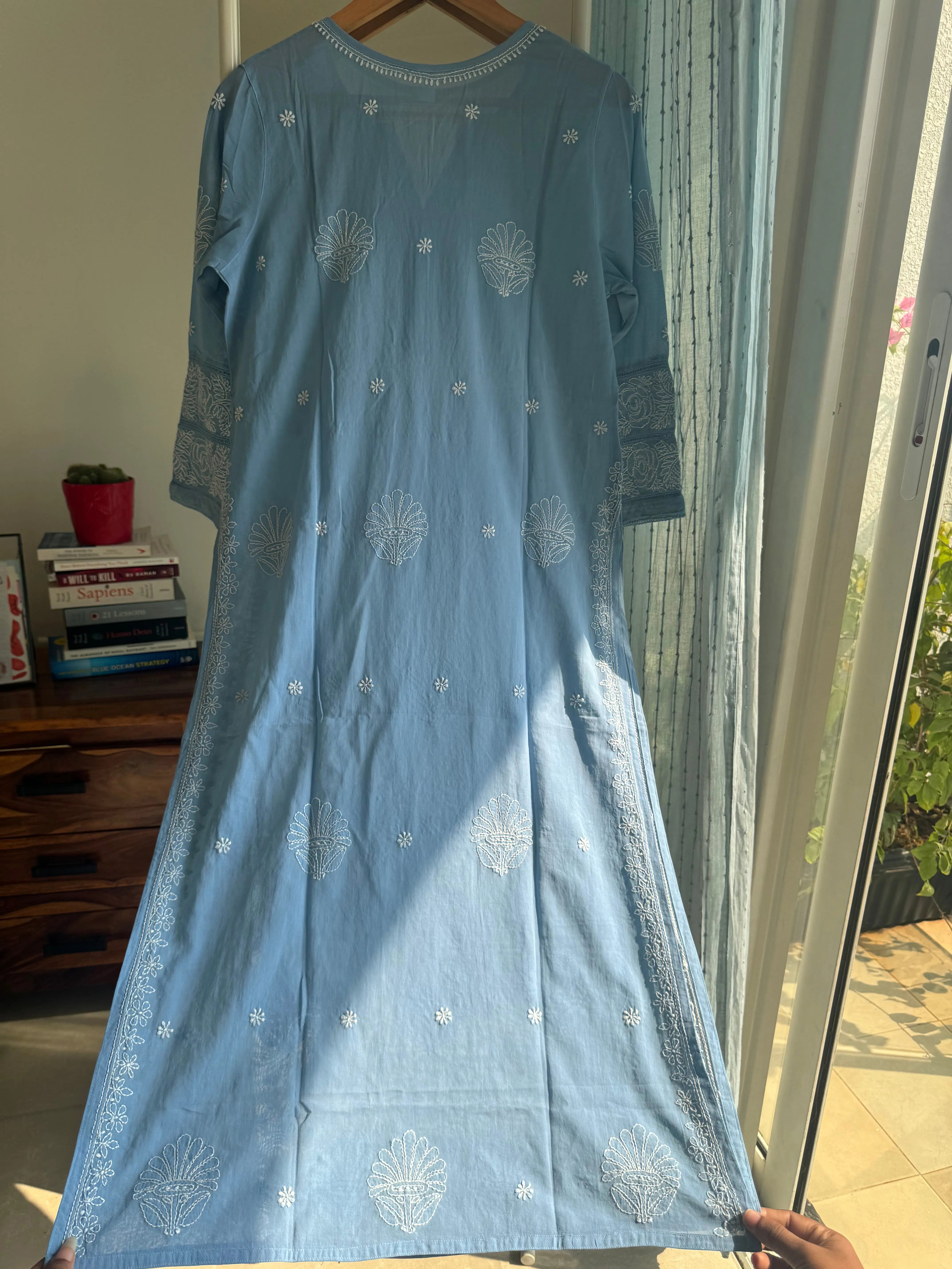 Mul Cotton Chikankari Kurti - Blue ARIAA CHIKANKARI 