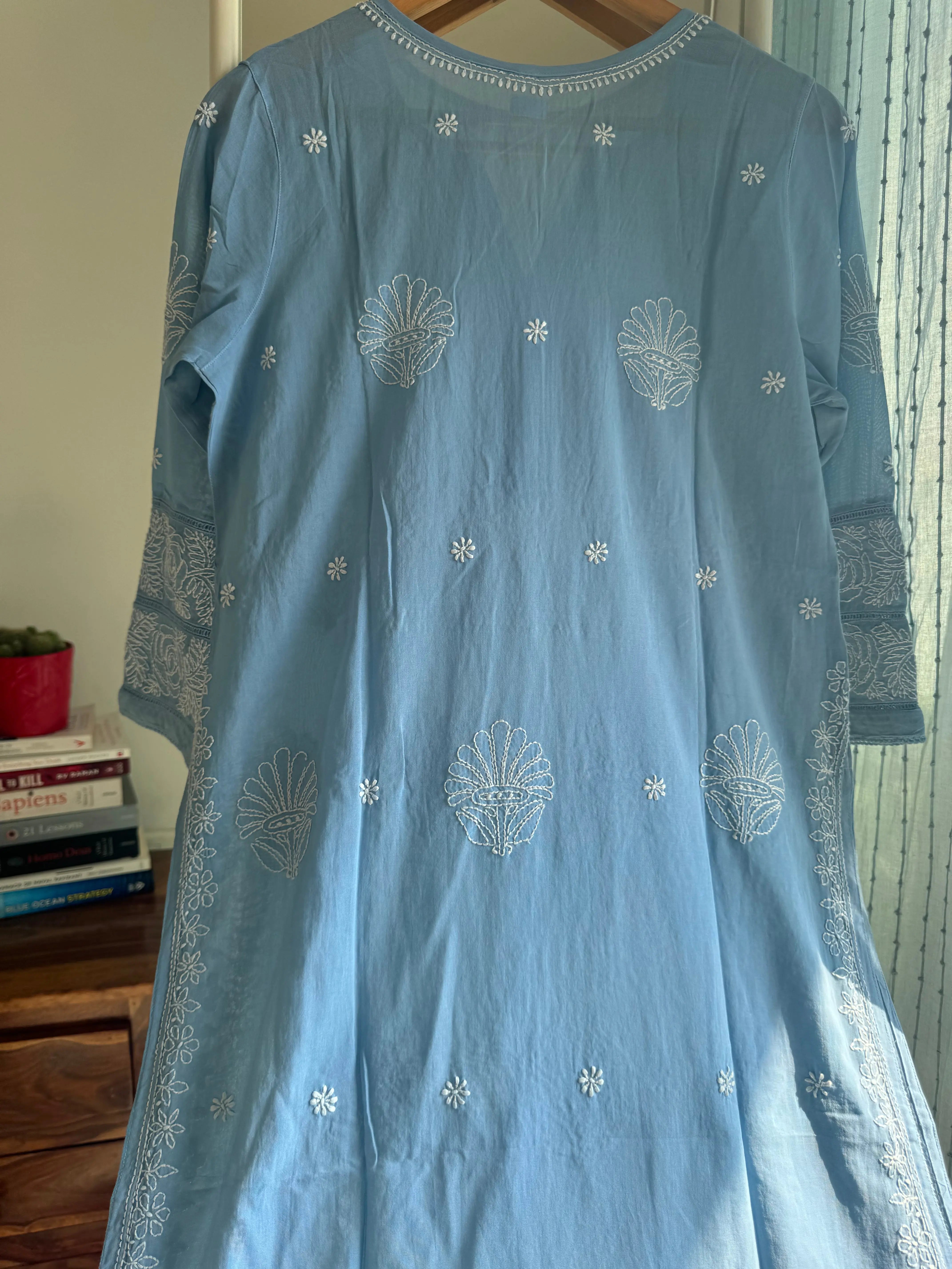 Mul Cotton Chikankari Kurti - Blue ARIAA CHIKANKARI 