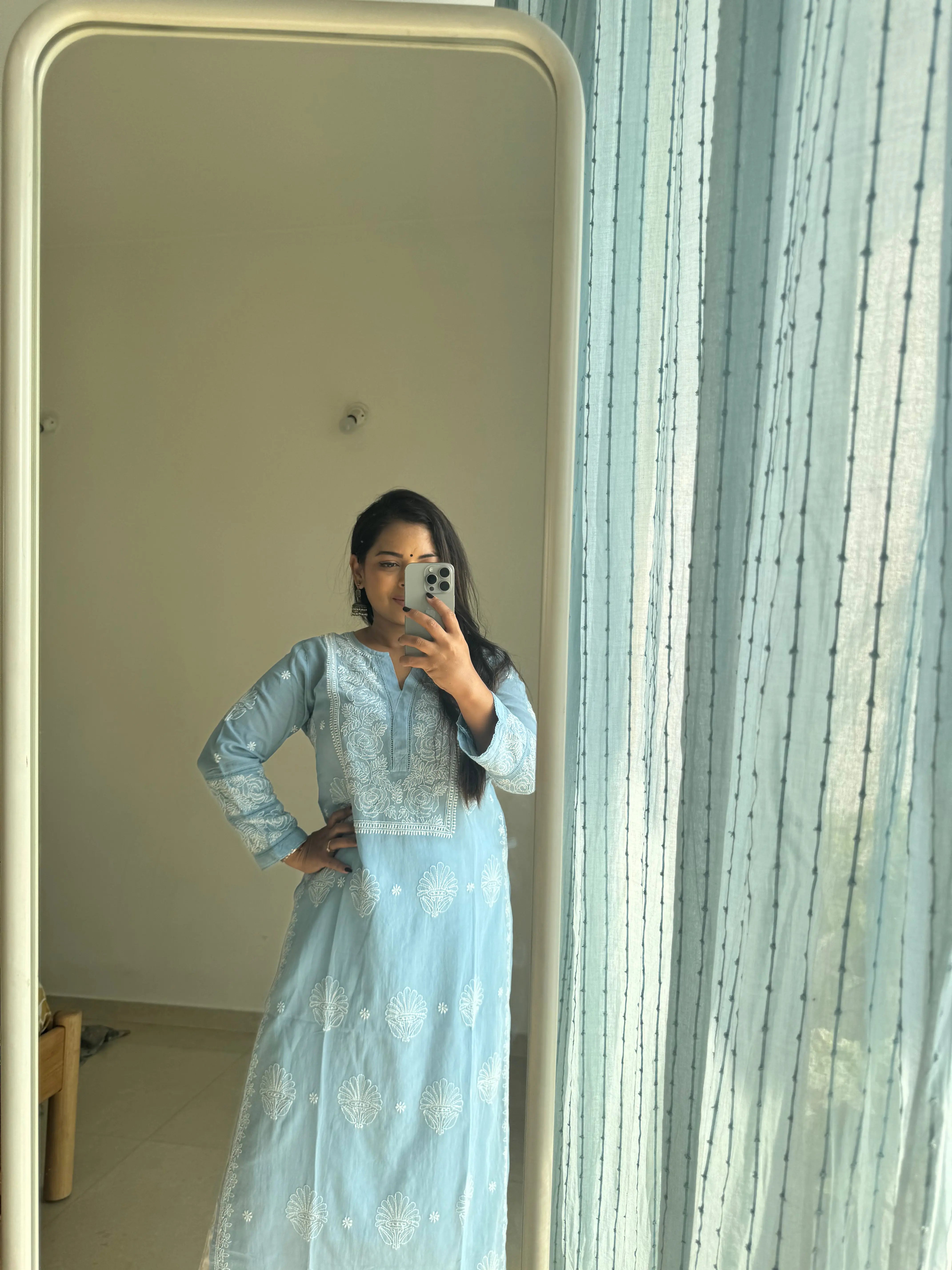 Mul Cotton Chikankari Kurti - Blue ARIAA CHIKANKARI 