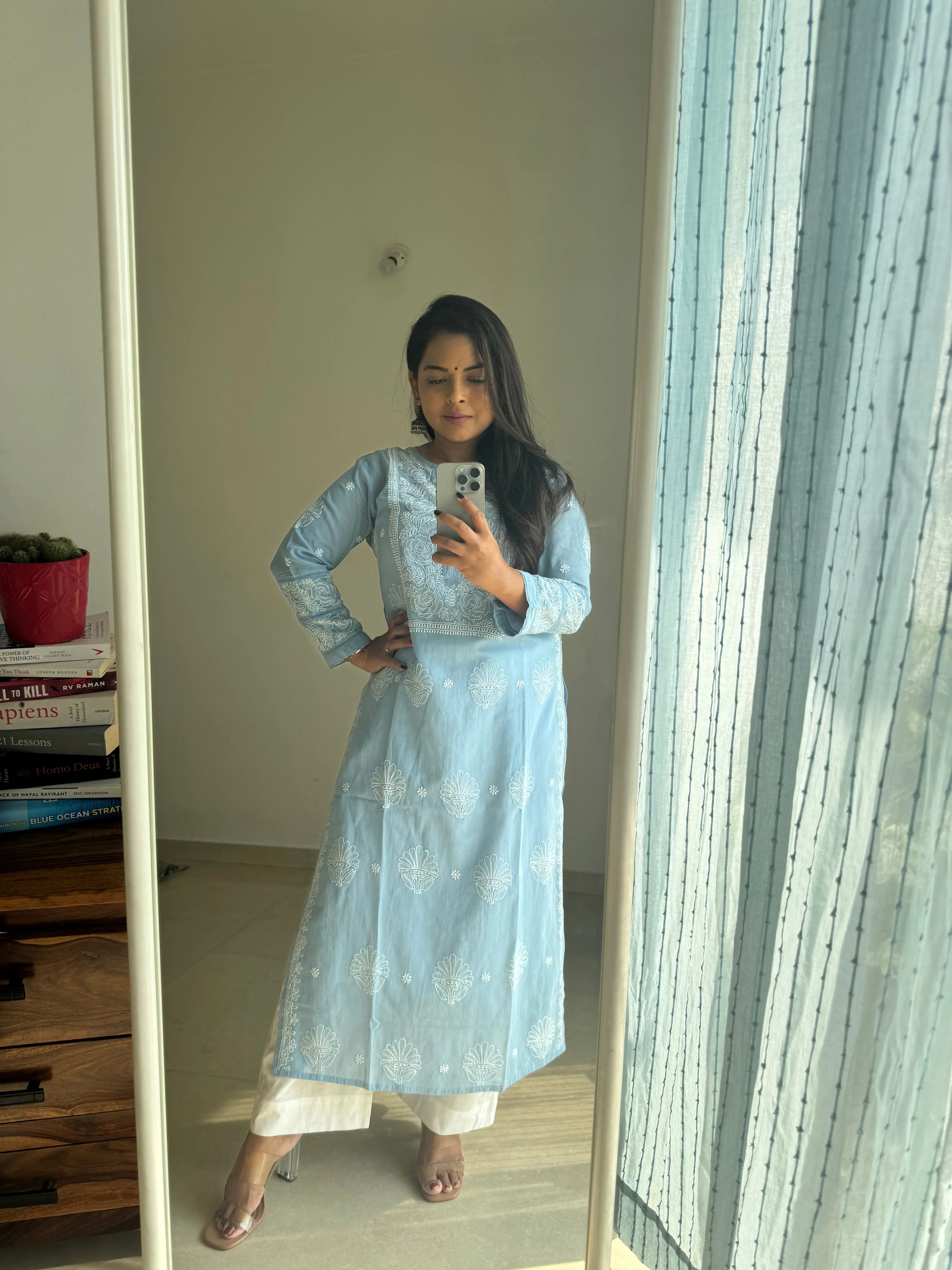 Mul Cotton Chikankari Kurti - Blue ARIAA CHIKANKARI 