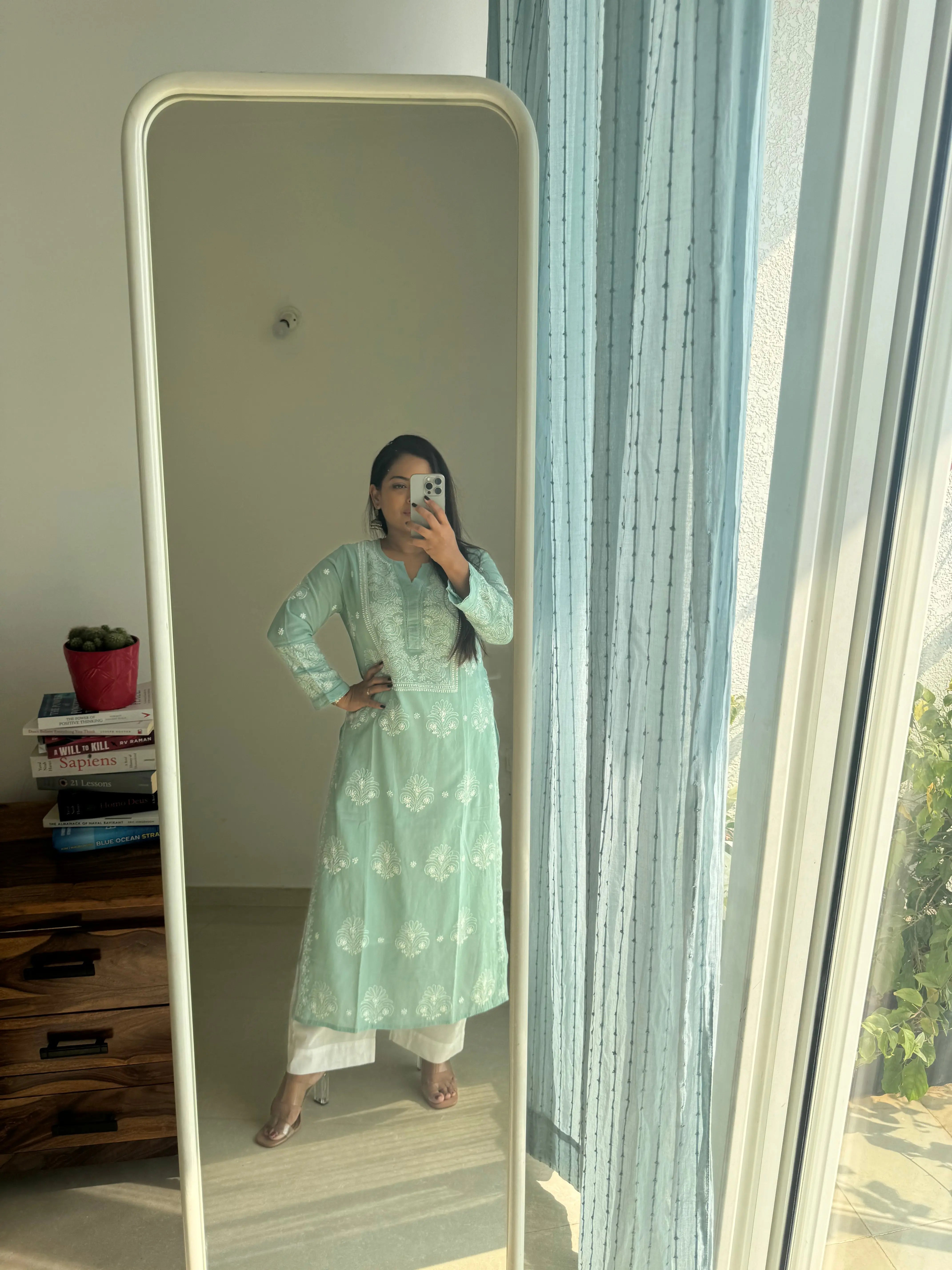 Mul Cotton Chikankari Kurti - Green ARIAA CHIKANKARI 