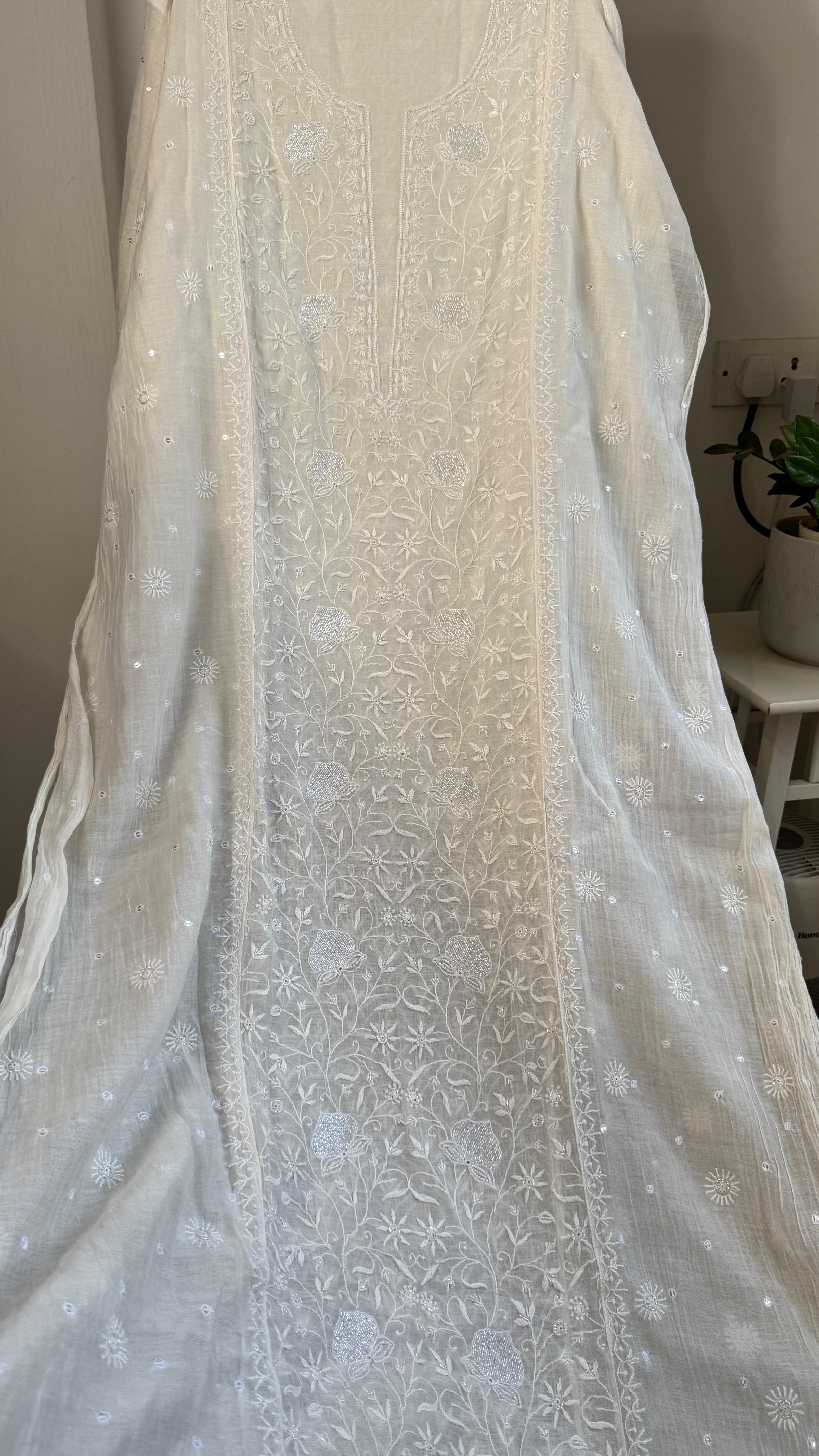 Mul Chanderi Chikankari Straight - White