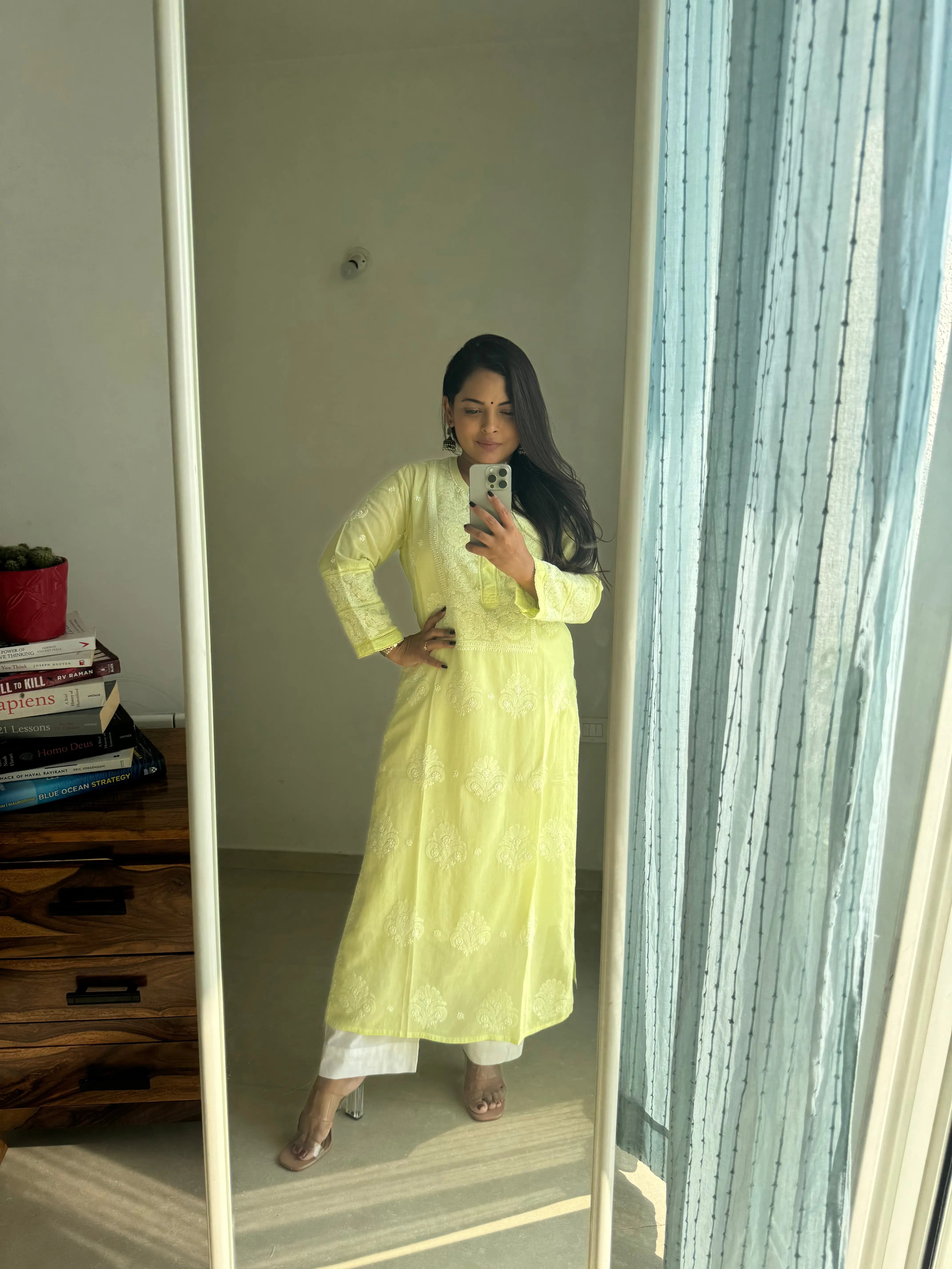 Mul Cotton Chikankari Kurti - Lemon Green ARIAA CHIKANKARI 