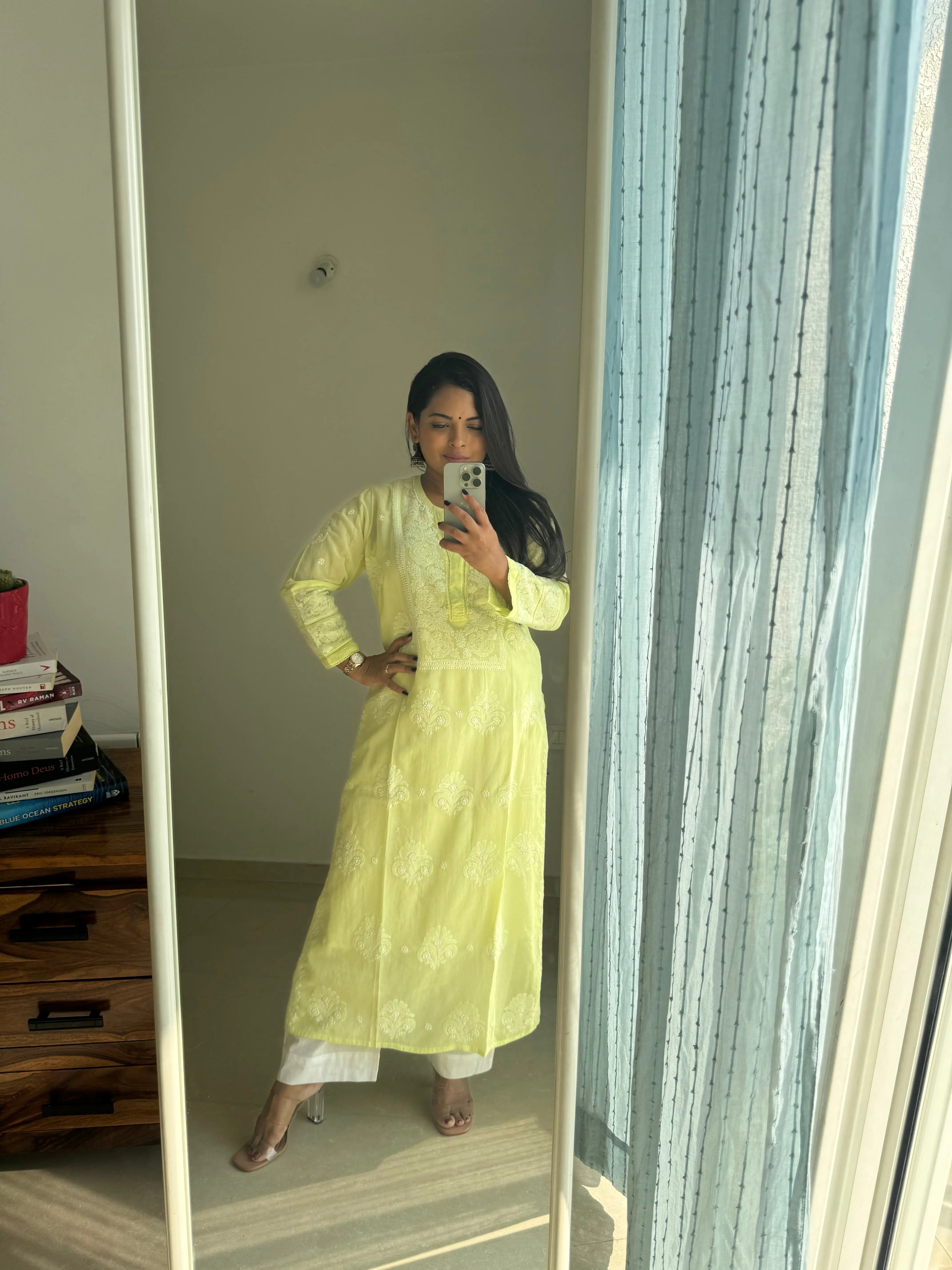 Mul Cotton Chikankari Kurti - Lemon Green ARIAA CHIKANKARI 