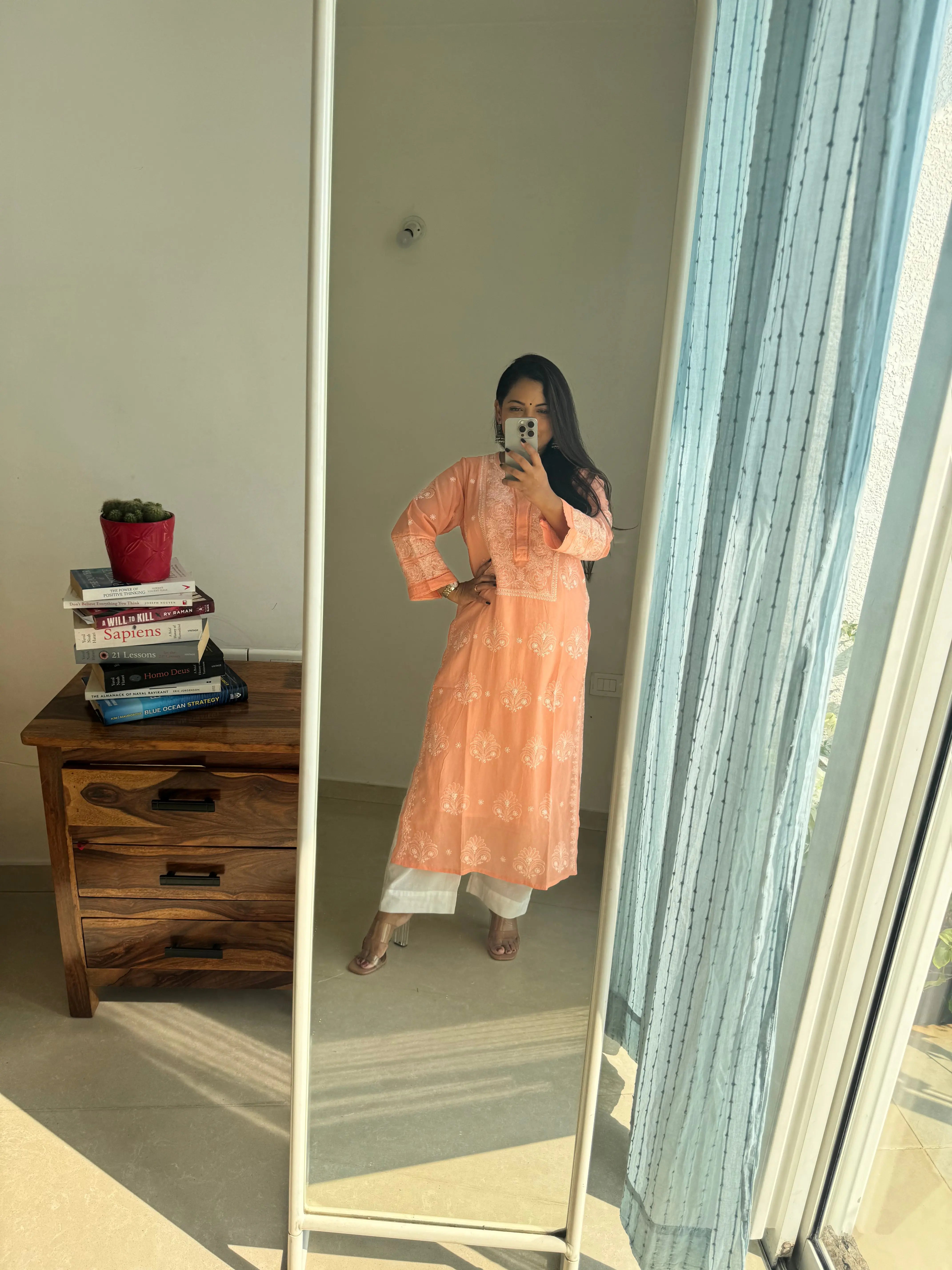 Mul Cotton Chikankari Kurti - Peach ARIAA CHIKANKARI 