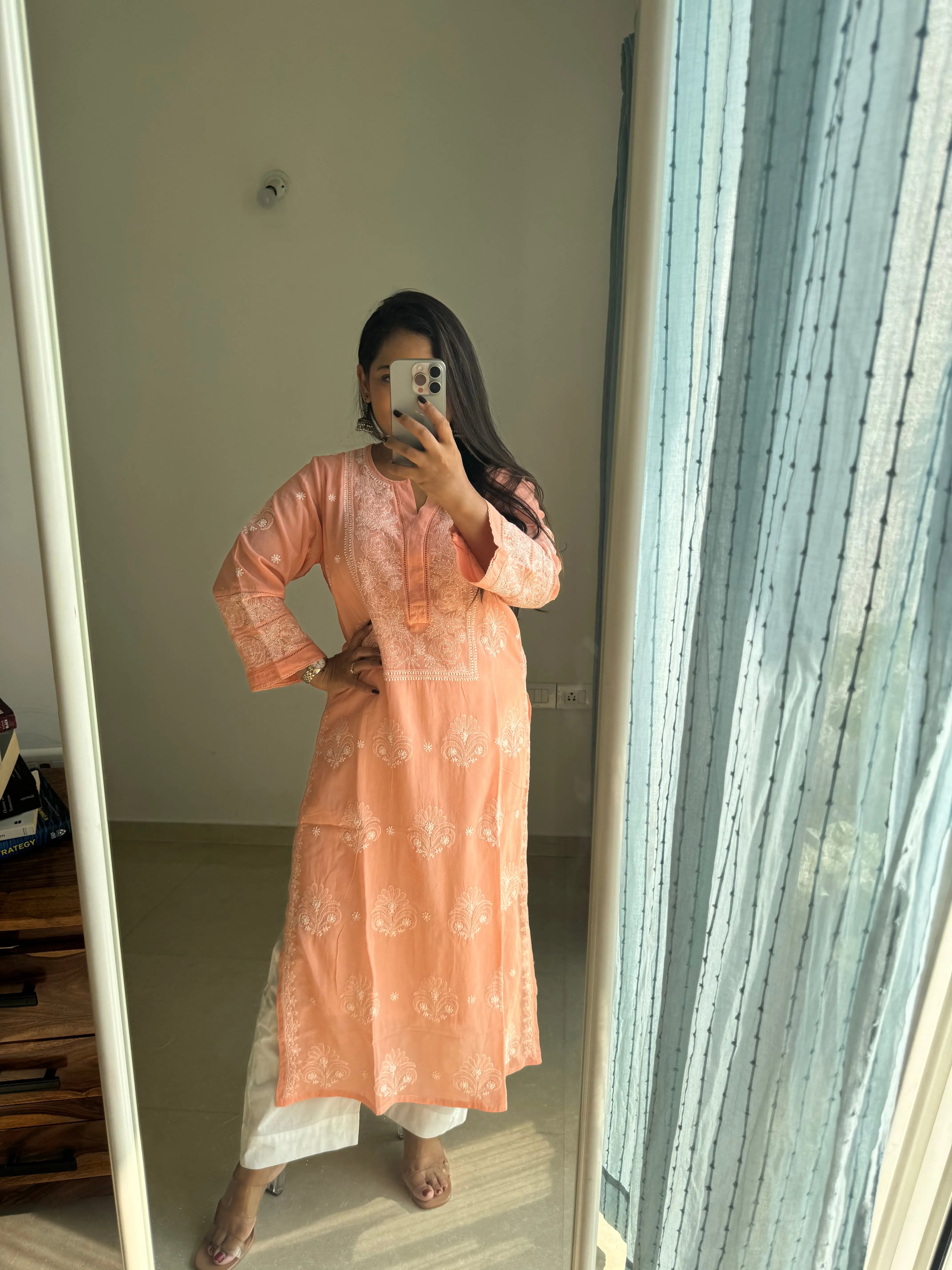 Mul Cotton Chikankari Kurti - Peach ARIAA CHIKANKARI 