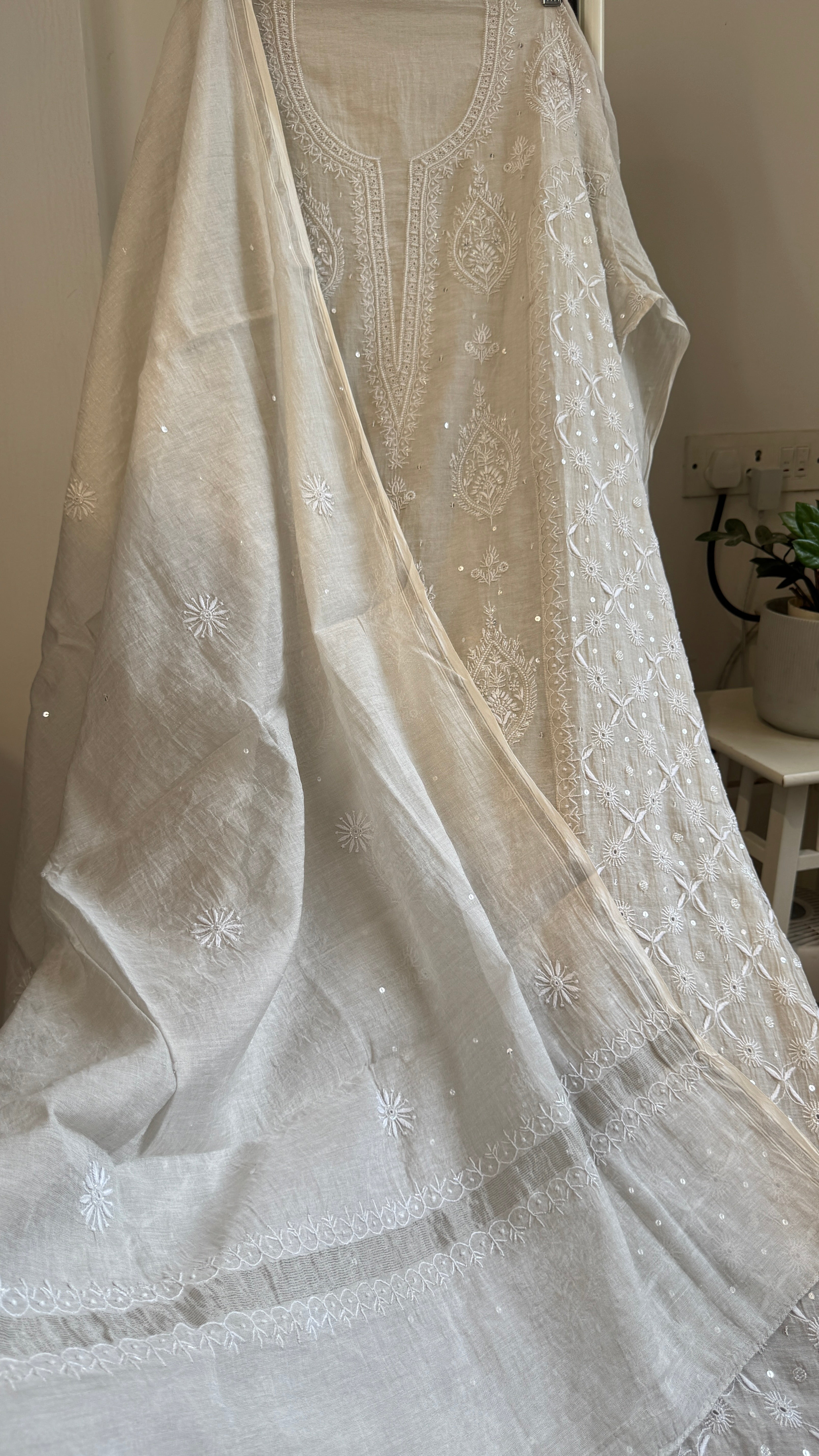 Pure Tissue Silk Chikankari Length with Dupatta - Beige