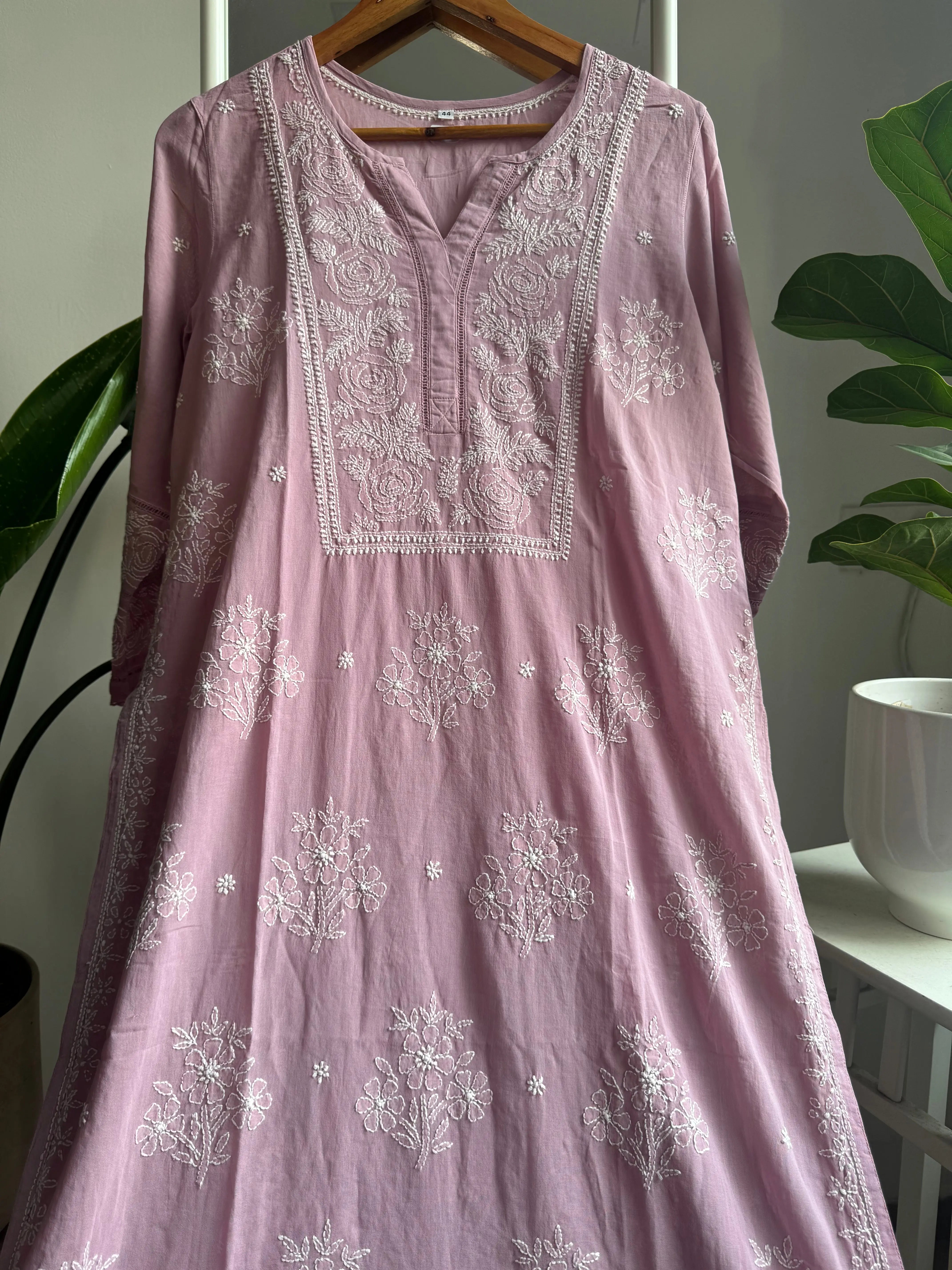 Mul Cotton Chikankari Kurti - Mauve ARIAA CHIKANKARI 