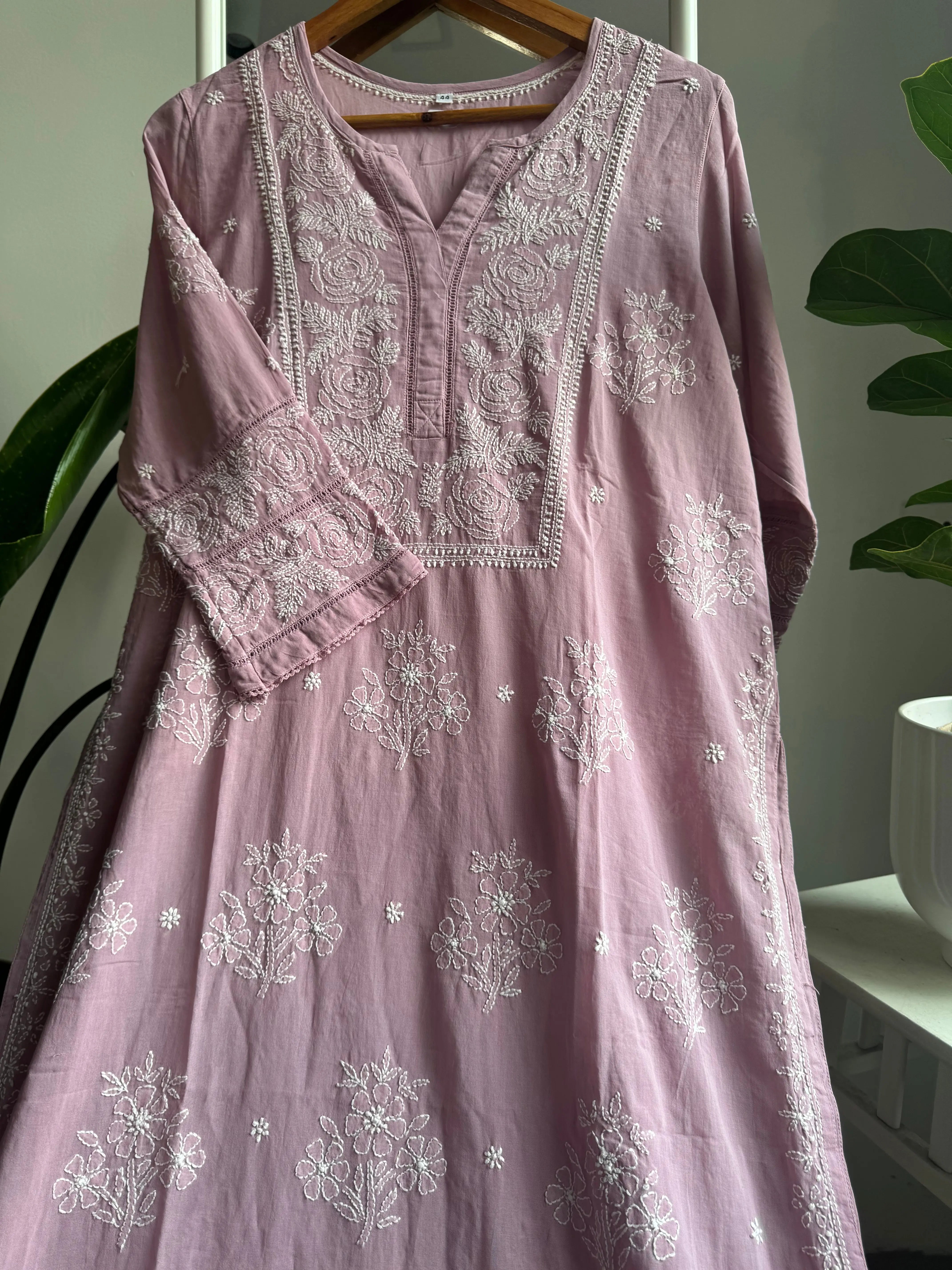 Mul Cotton Chikankari Kurti - Mauve ARIAA CHIKANKARI 