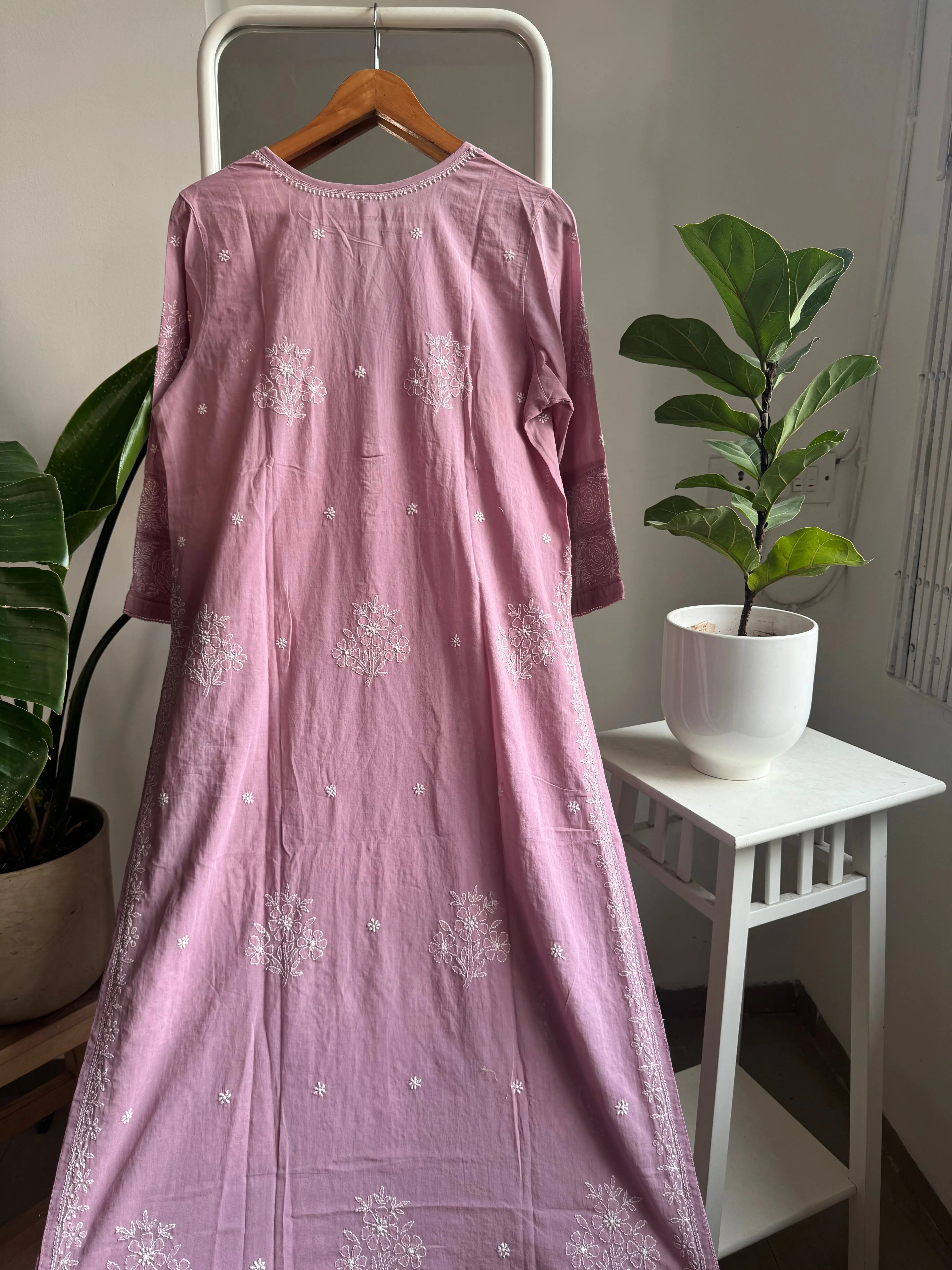 Mul Cotton Chikankari Kurti - Mauve ARIAA CHIKANKARI 