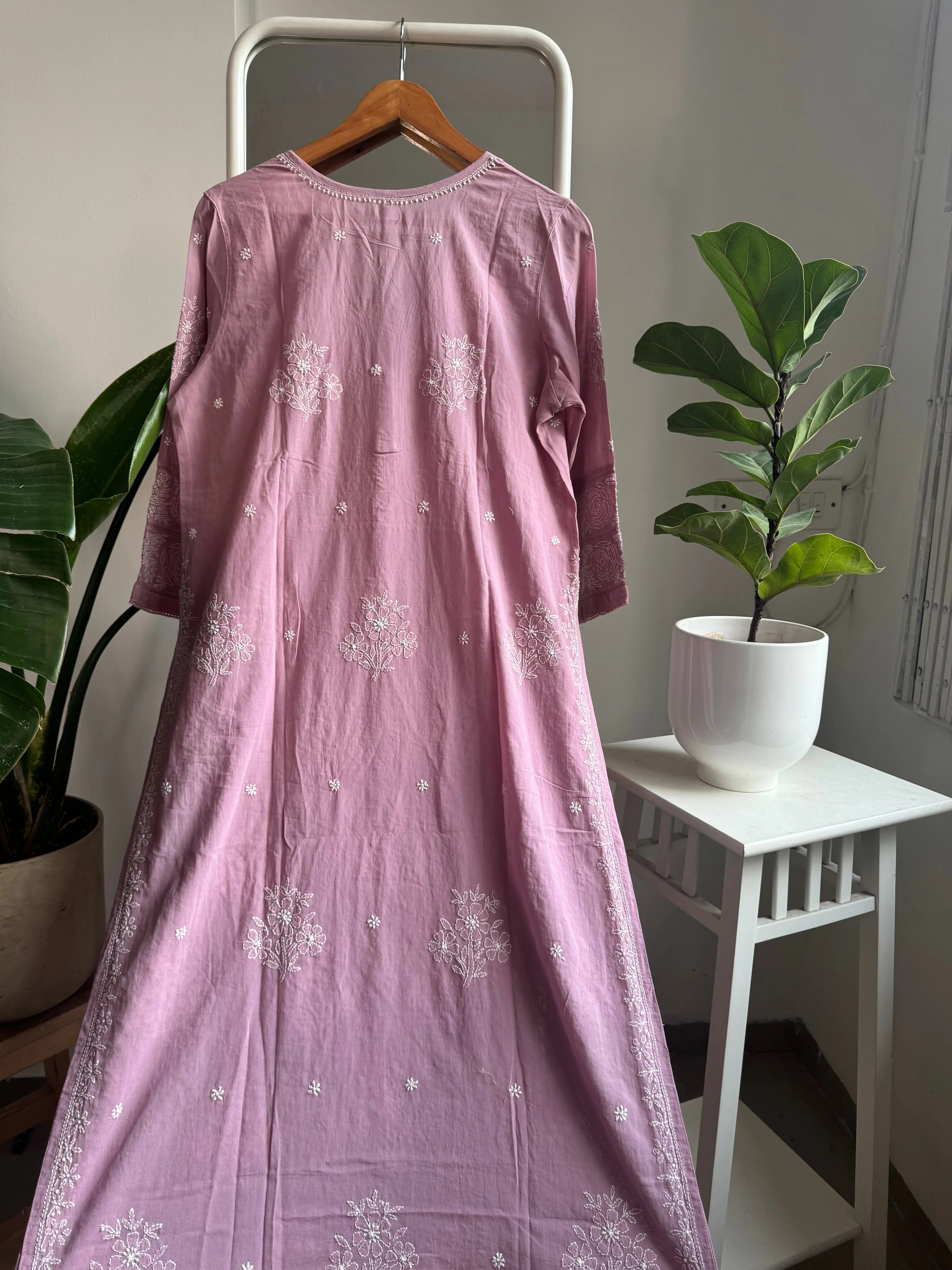 Mul Cotton Chikankari Kurti - Mauve ARIAA CHIKANKARI 