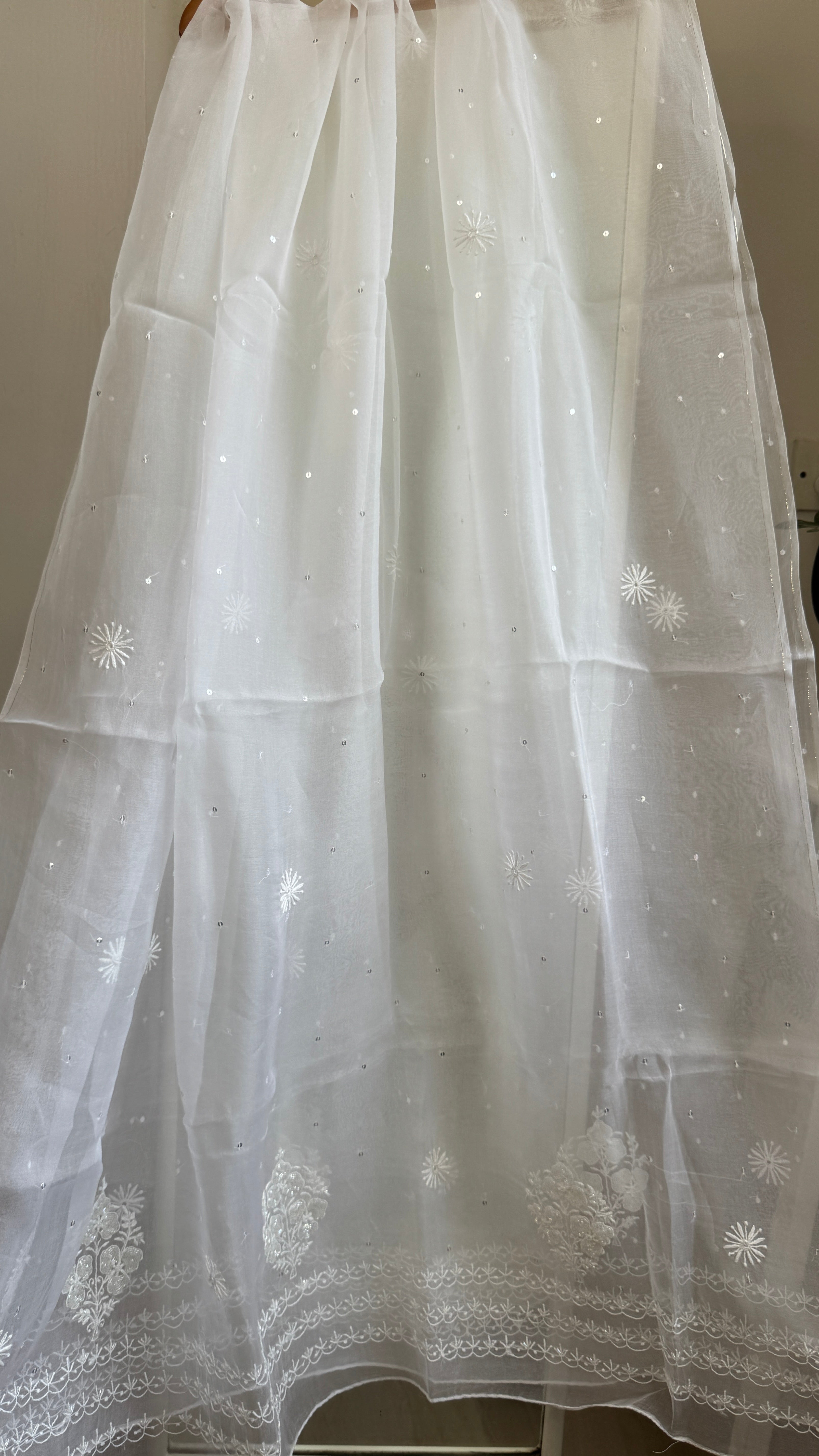 Organza Chikankari Length with Dupatta (Pearl Work) - White
