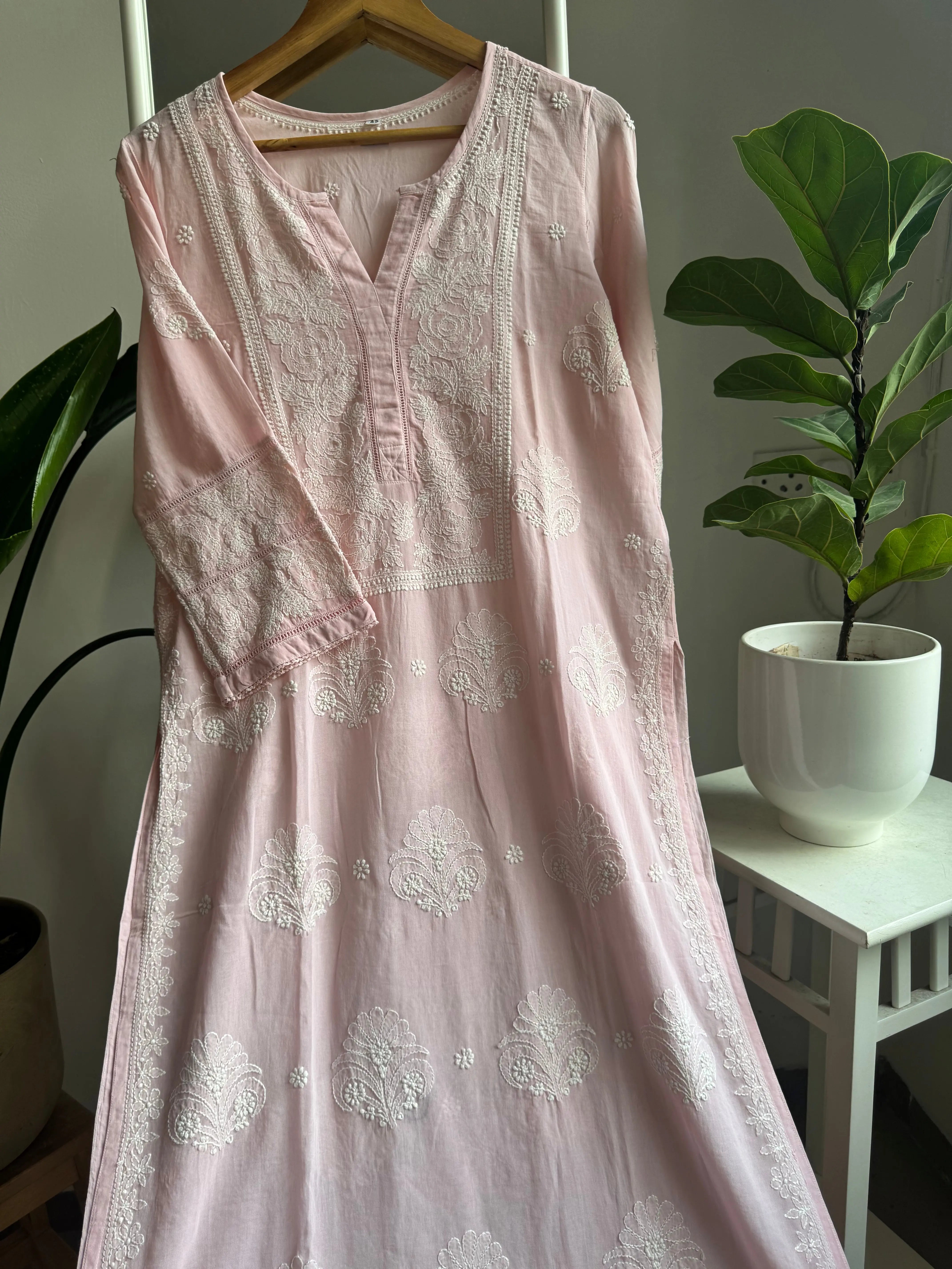 Mul Cotton Chikankari Kurti - Pink ARIAA CHIKANKARI 