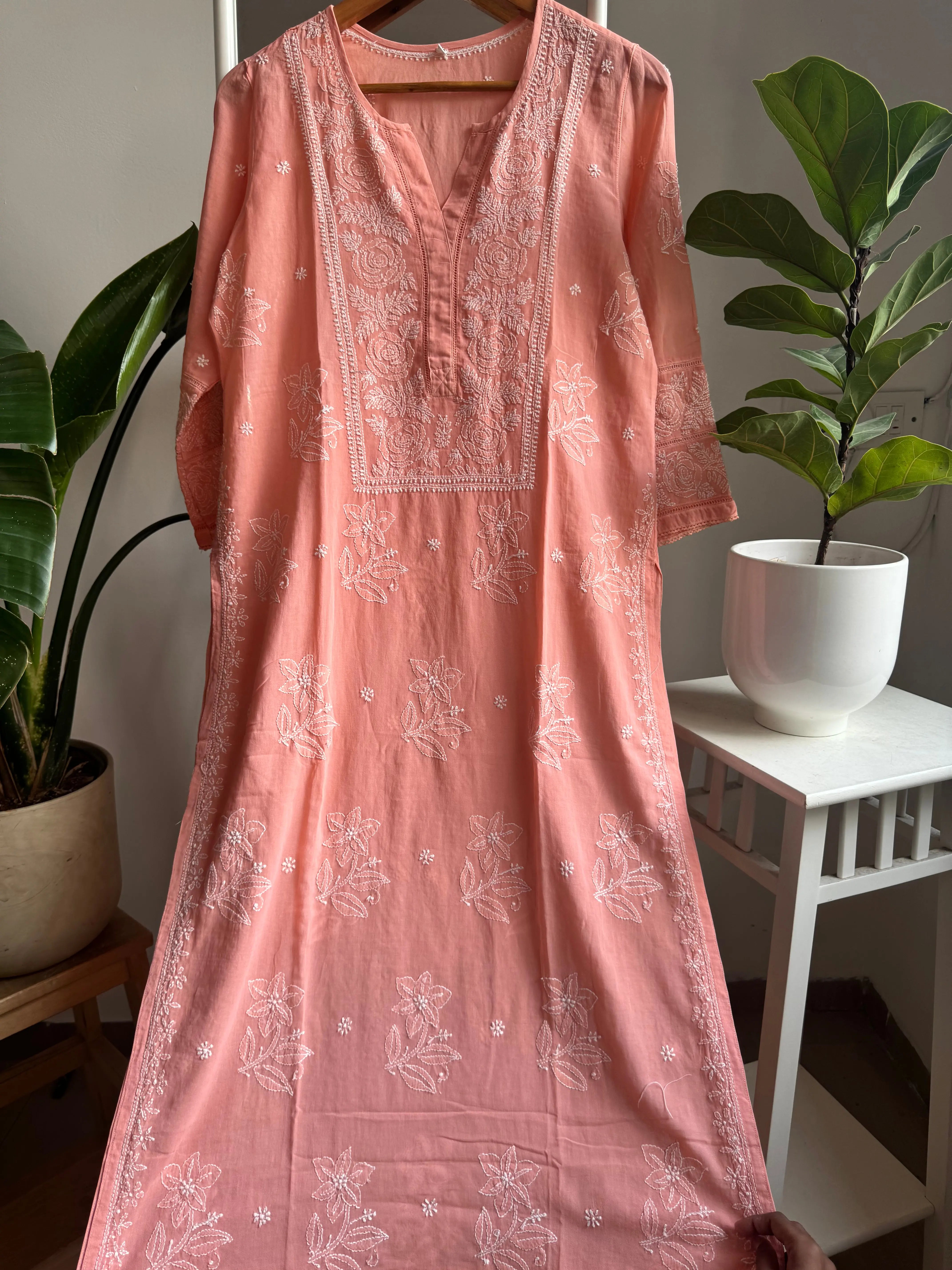 Mul Cotton Chikankari Kurti - Peach ARIAA CHIKANKARI 