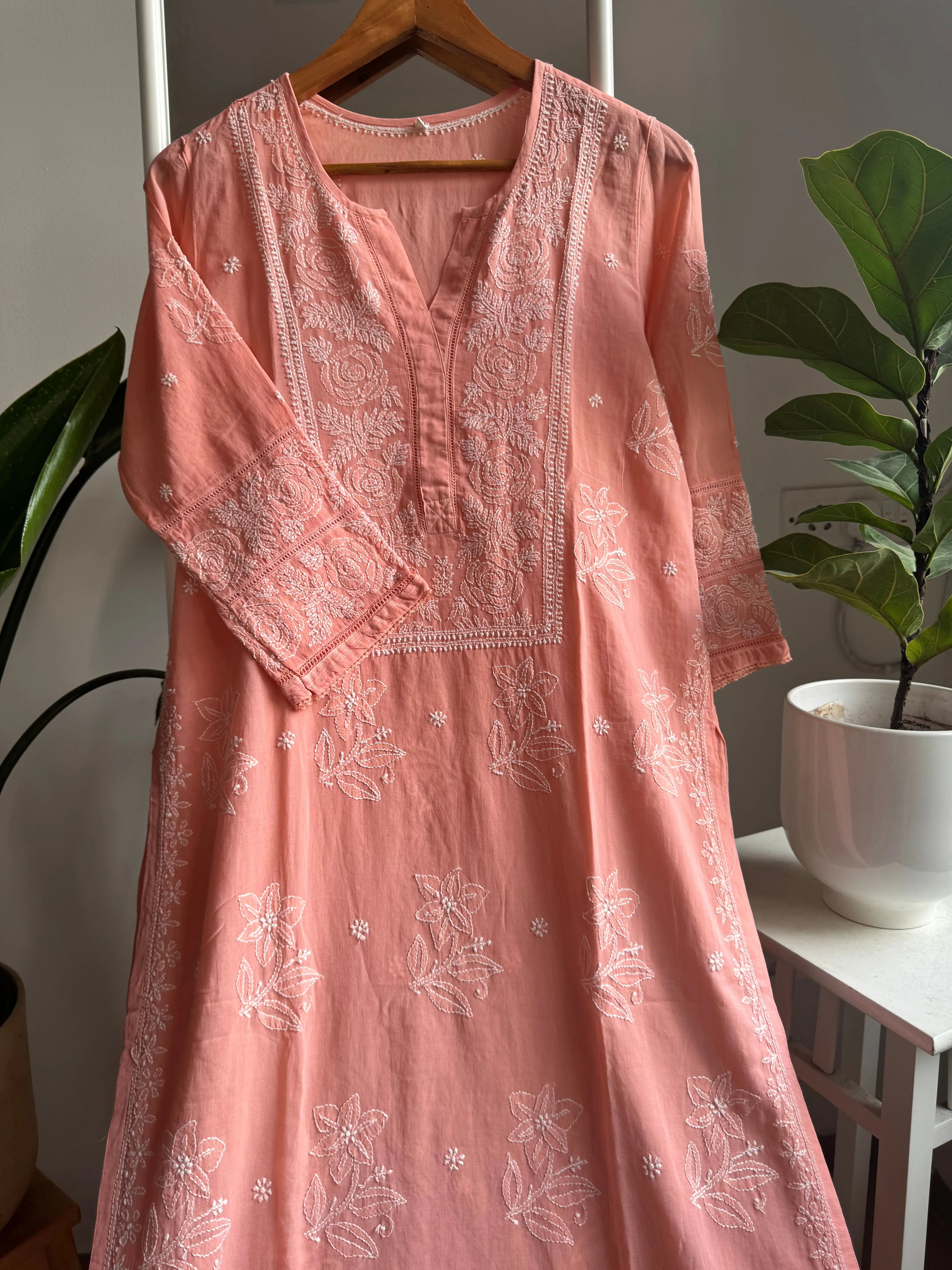 Mul Cotton Chikankari Kurti - Peach ARIAA CHIKANKARI 