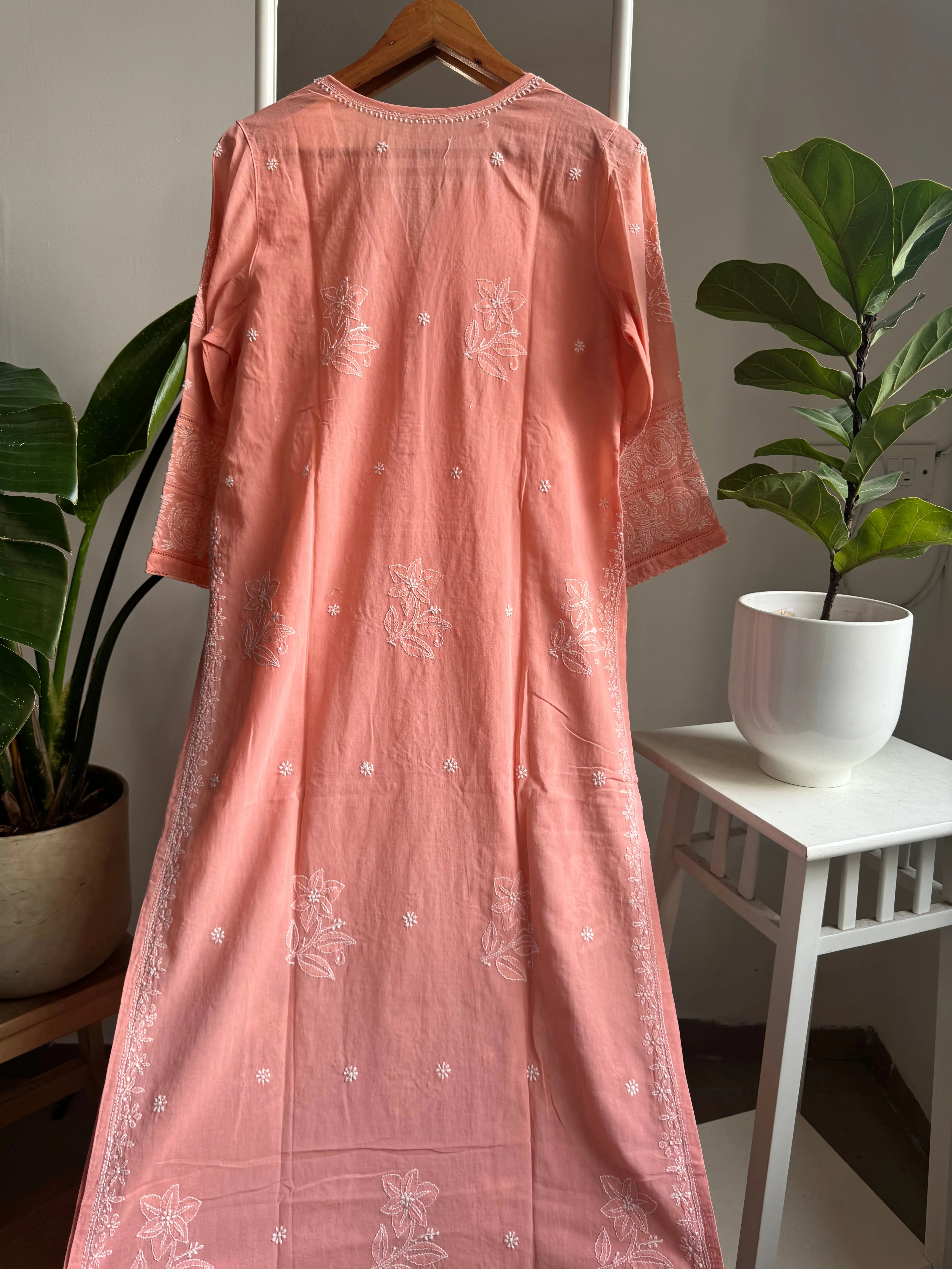 Mul Cotton Chikankari Kurti - Peach ARIAA CHIKANKARI 