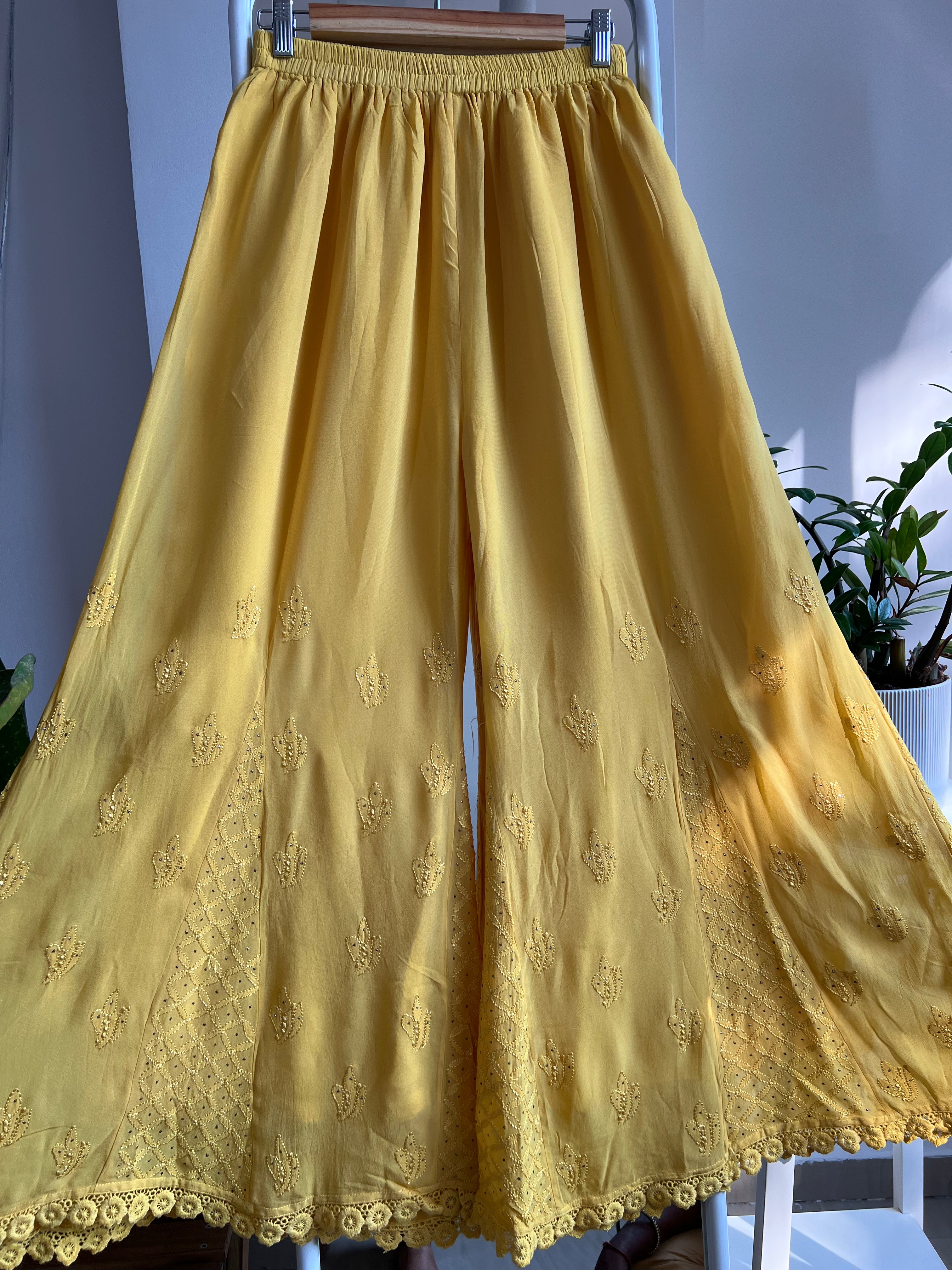 Chikankari Plazzo with mukaish - Flare - Canary Yellow ARIAA CHIKANKARI 