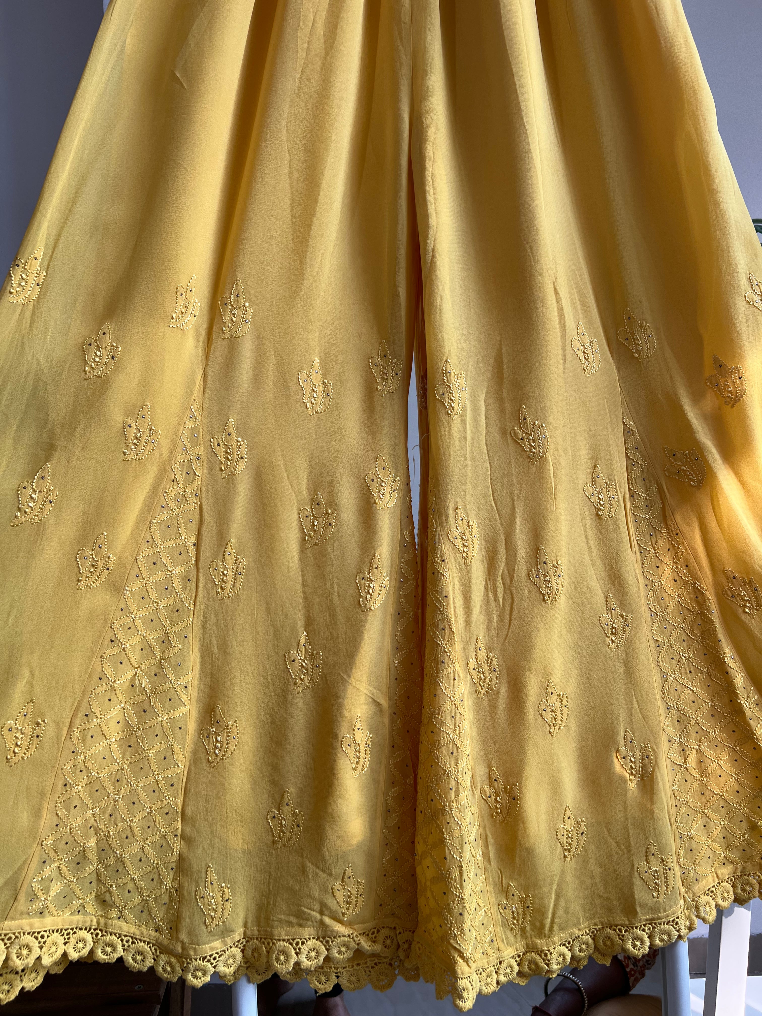 Chikankari Plazzo with mukaish - Flare - Canary Yellow ARIAA CHIKANKARI 