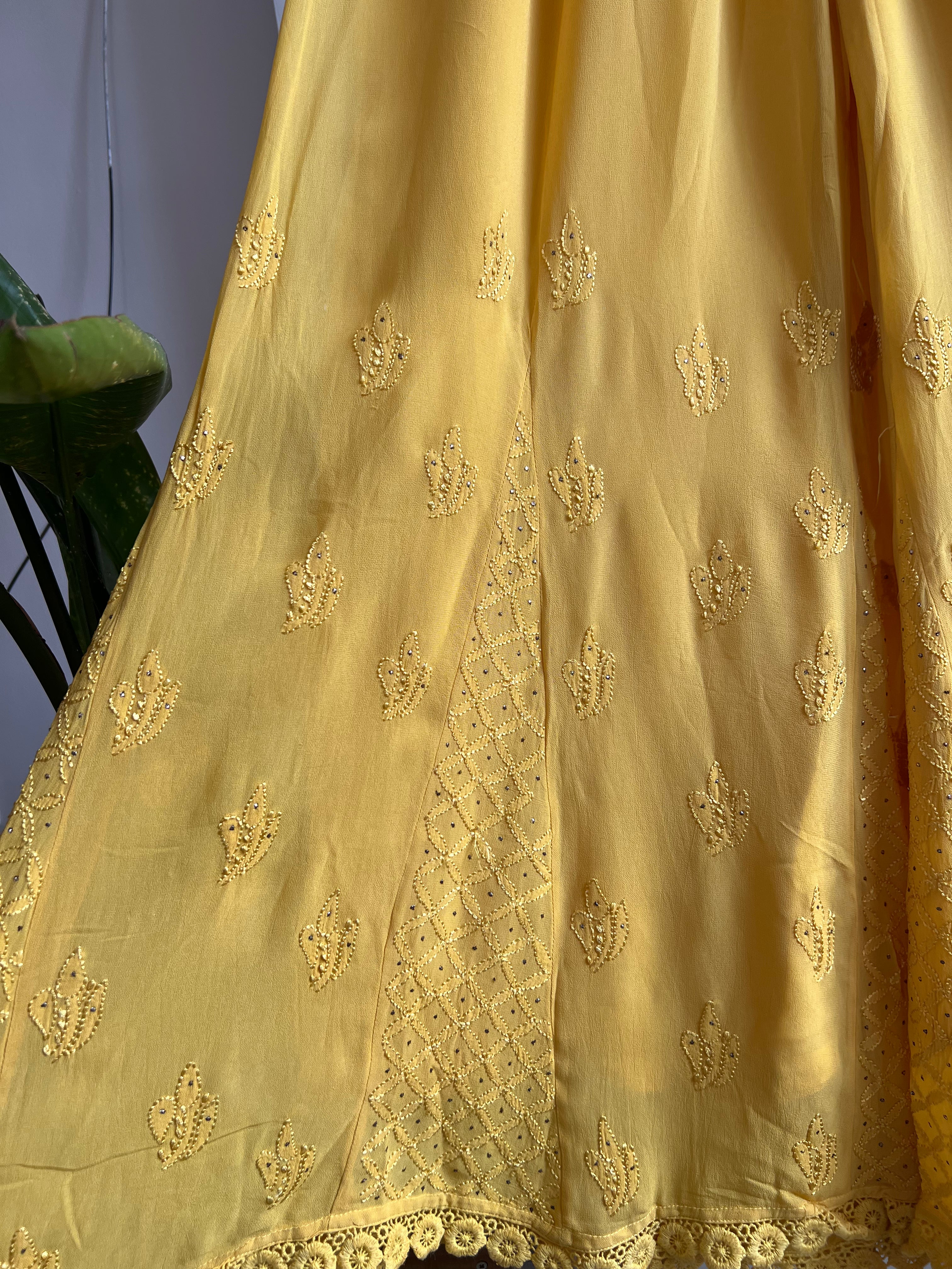 Chikankari Plazzo with mukaish - Flare - Canary Yellow ARIAA CHIKANKARI 