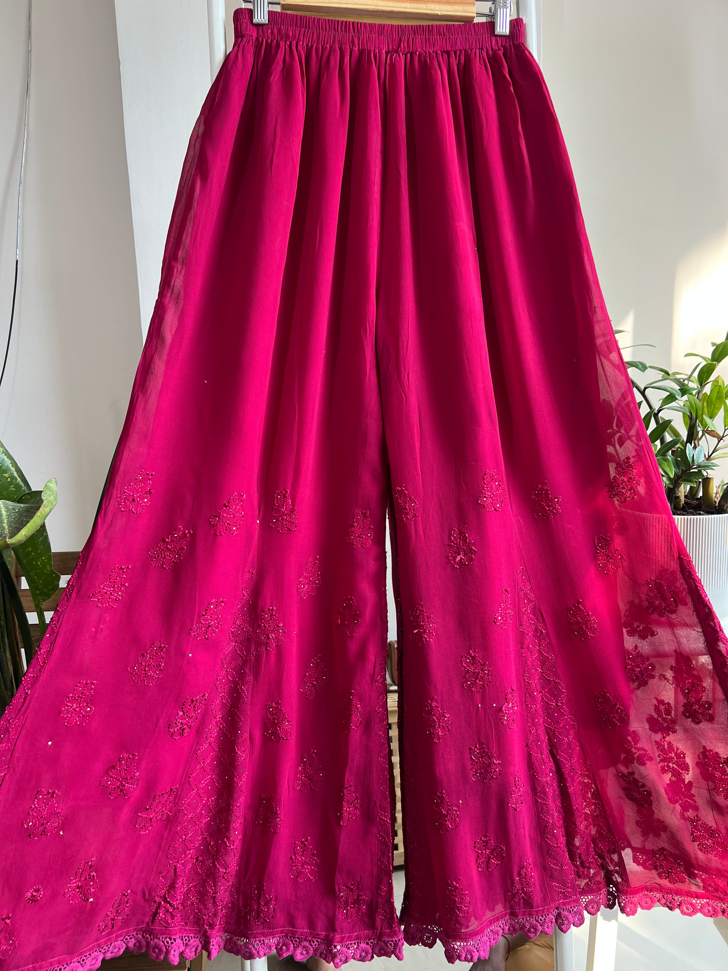 Chikankari Plazzo with mukaish - Flare - Berry Pink ARIAA CHIKANKARI 
