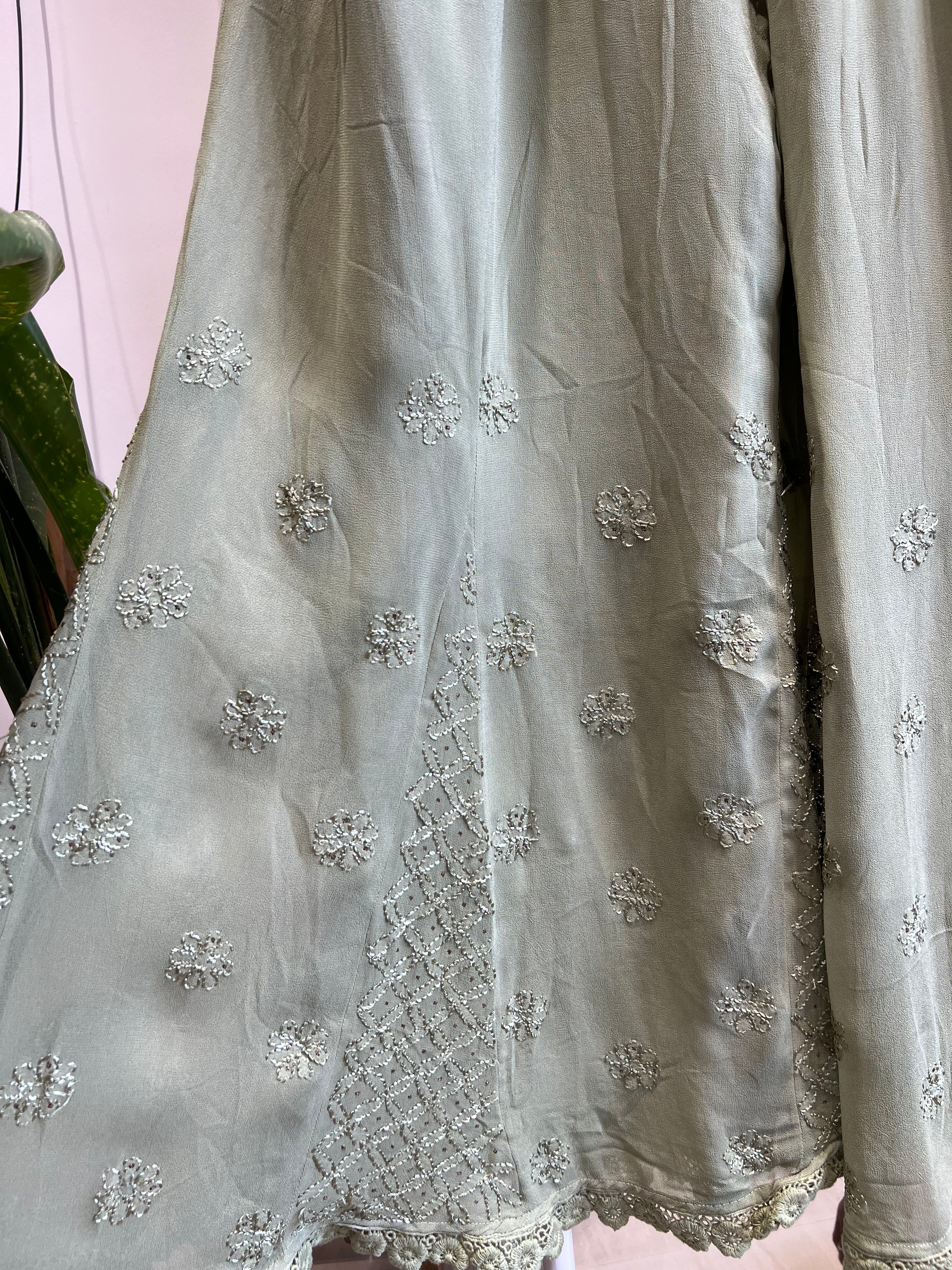 Chikankari Plazzo with mukaish - Flare - Sheen Green ARIAA CHIKANKARI 