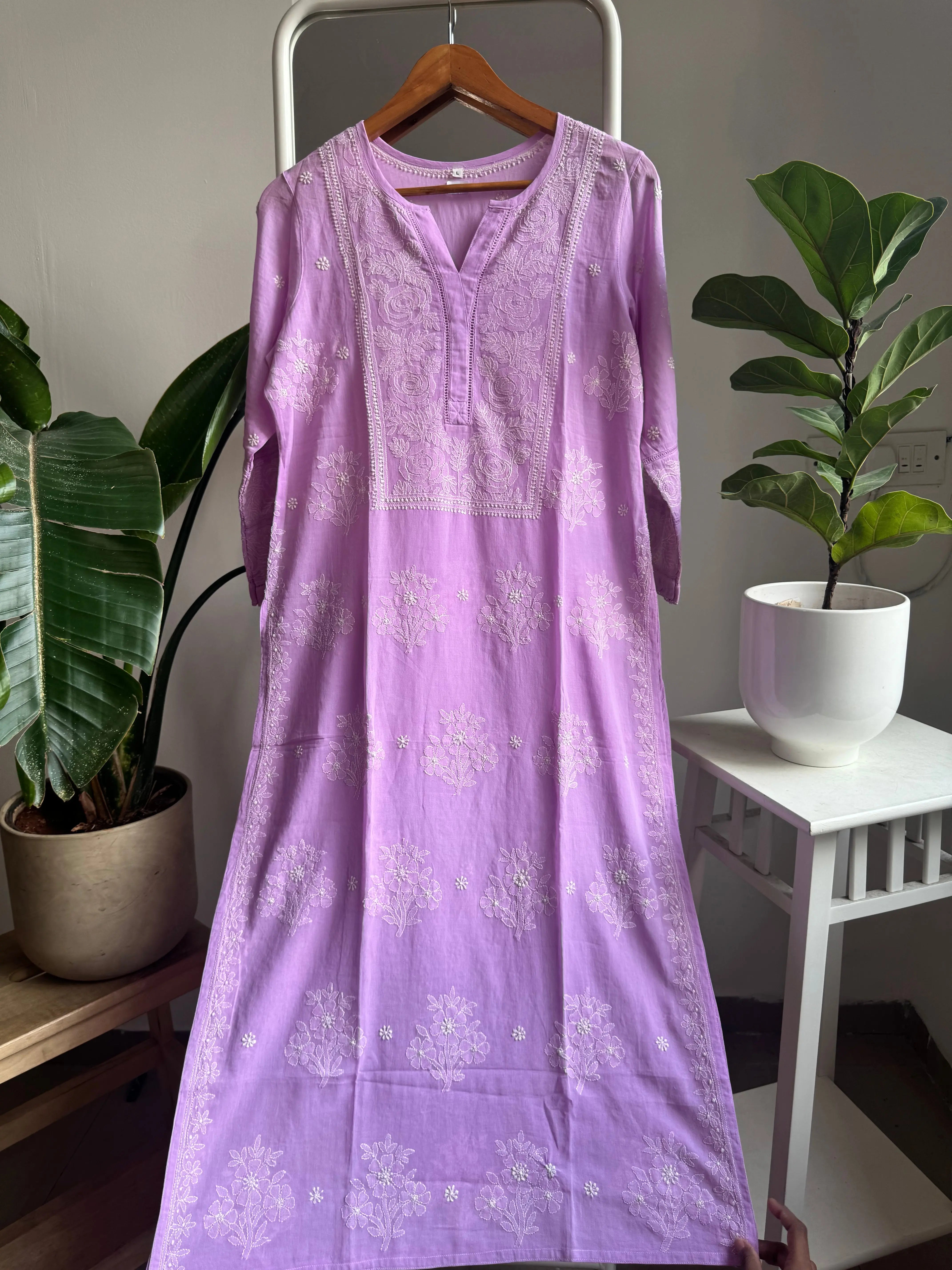 Mul Cotton Chikankari Kurti - Lilac ARIAA CHIKANKARI 