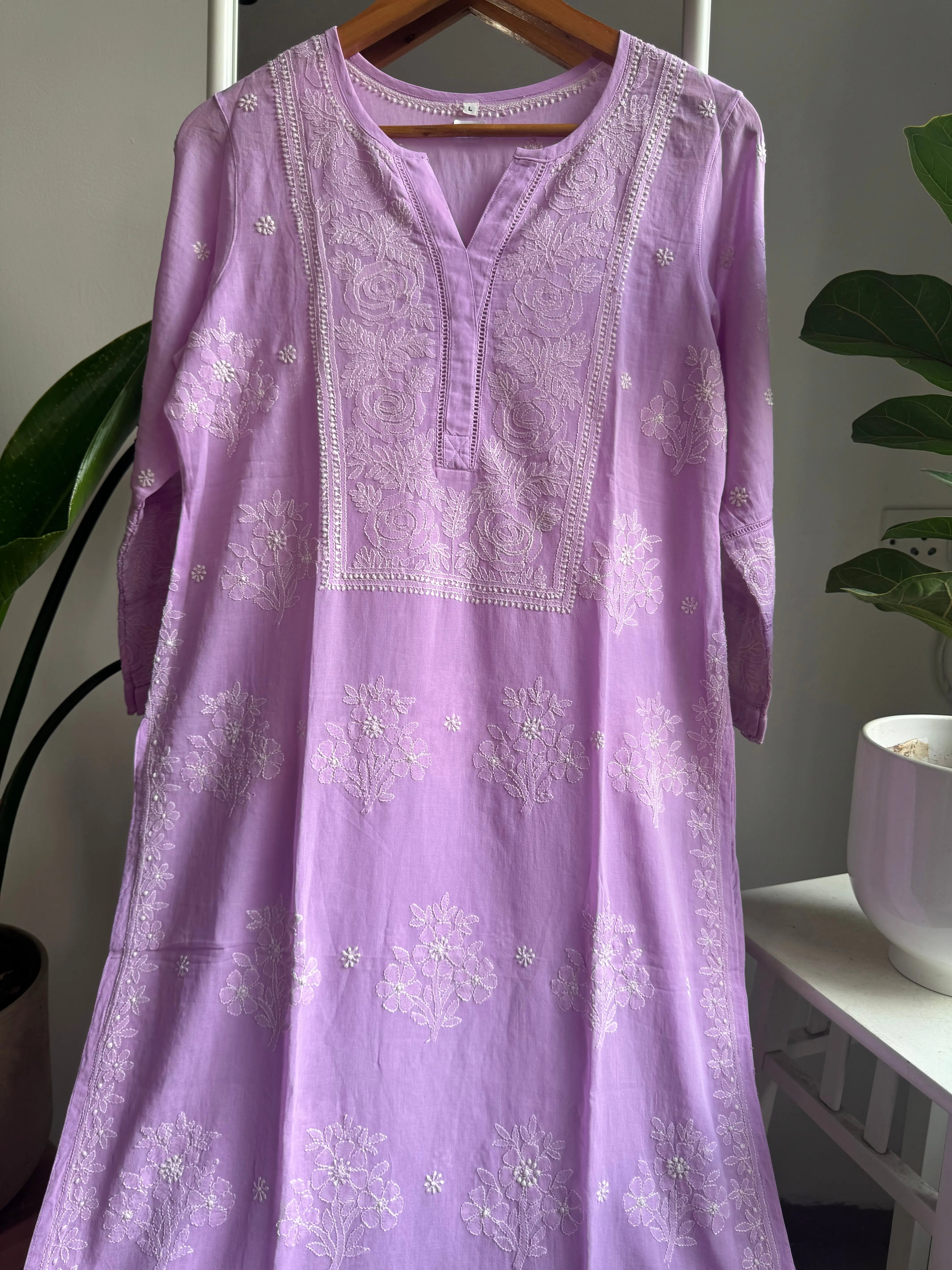 Mul Cotton Chikankari Kurti - Lilac ARIAA CHIKANKARI 