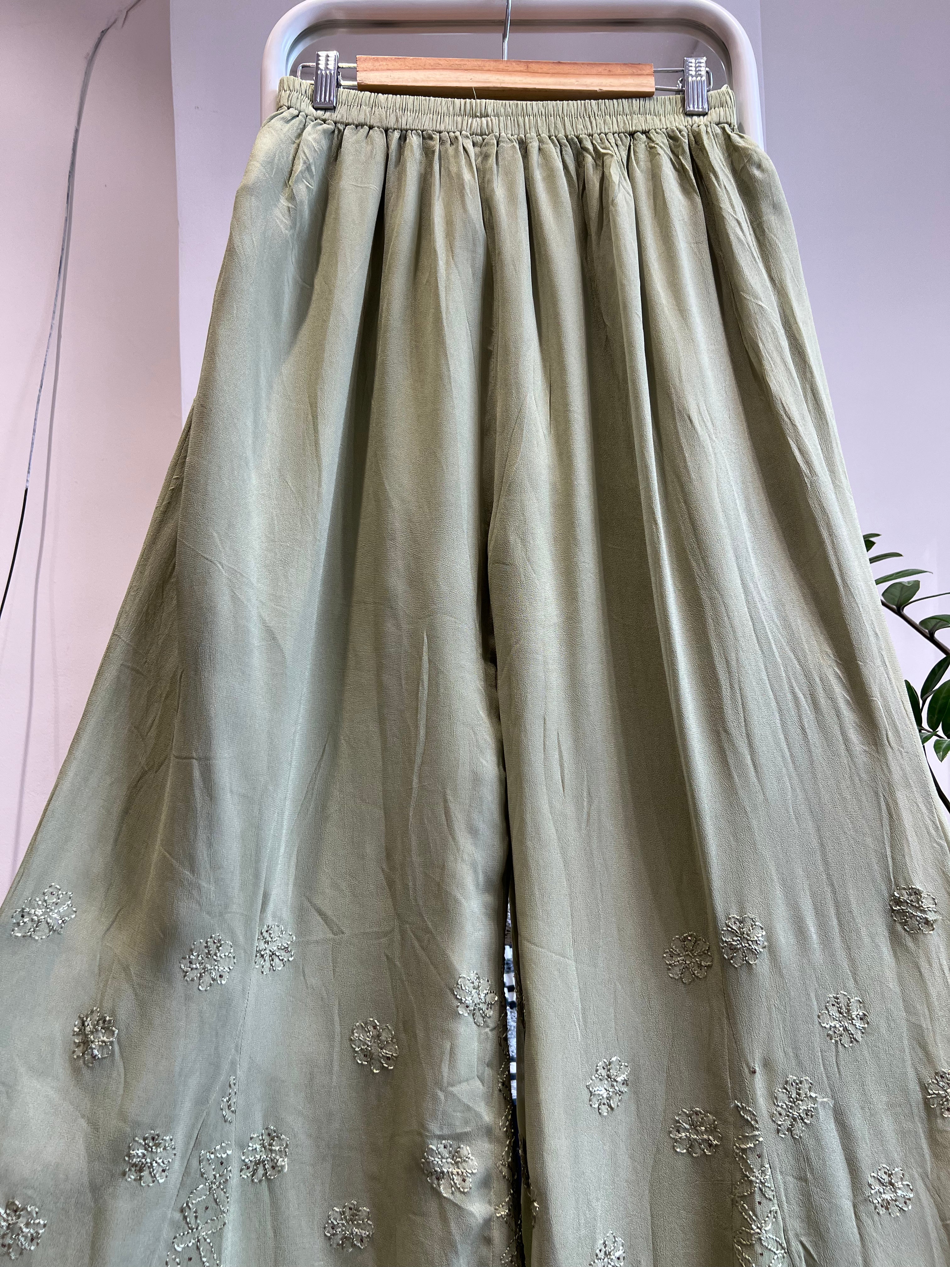 Chikankari Plazzo with mukaish - Flare - Sheen Green ARIAA CHIKANKARI 