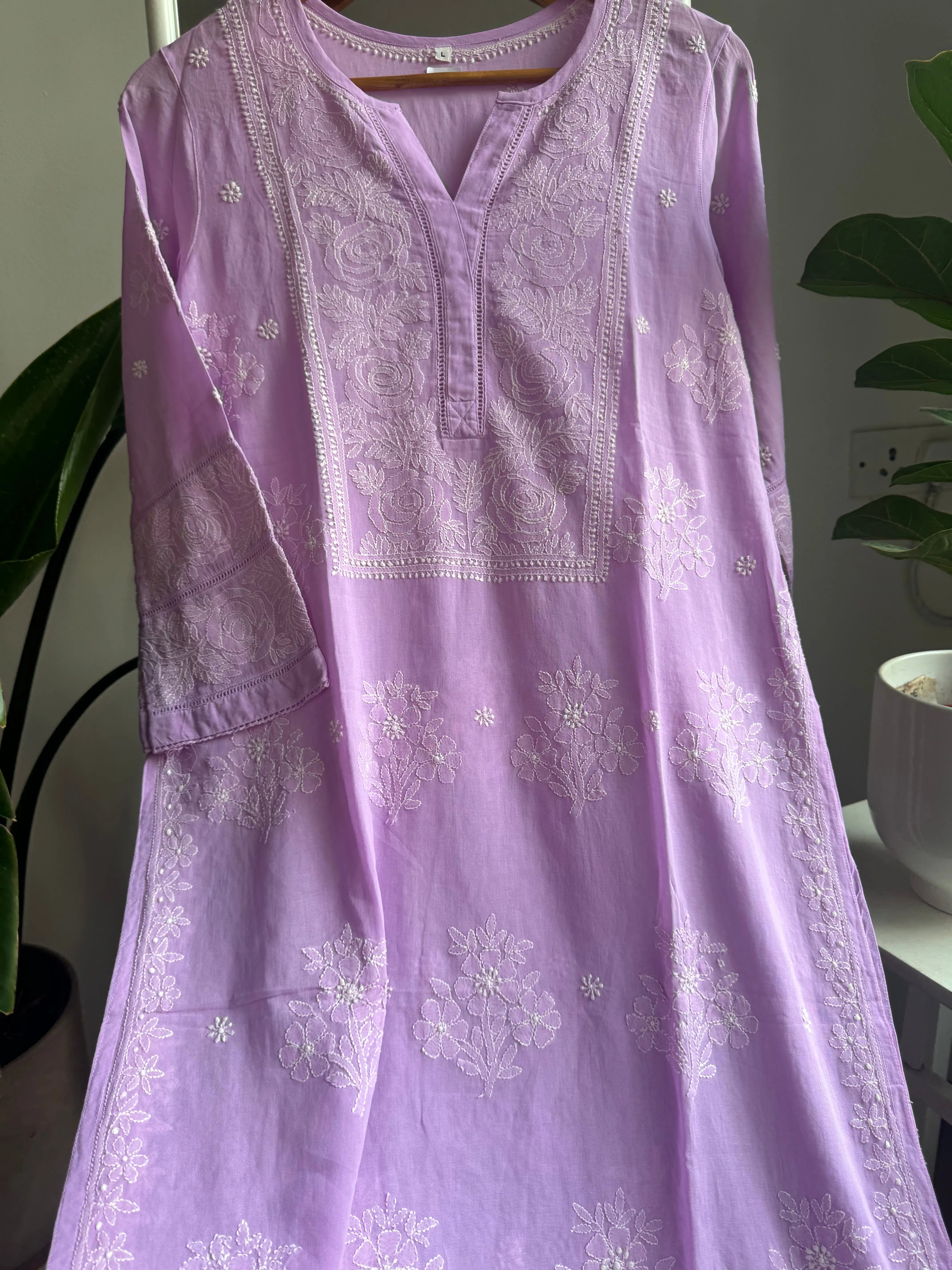 Mul Cotton Chikankari Kurti - Lilac ARIAA CHIKANKARI 