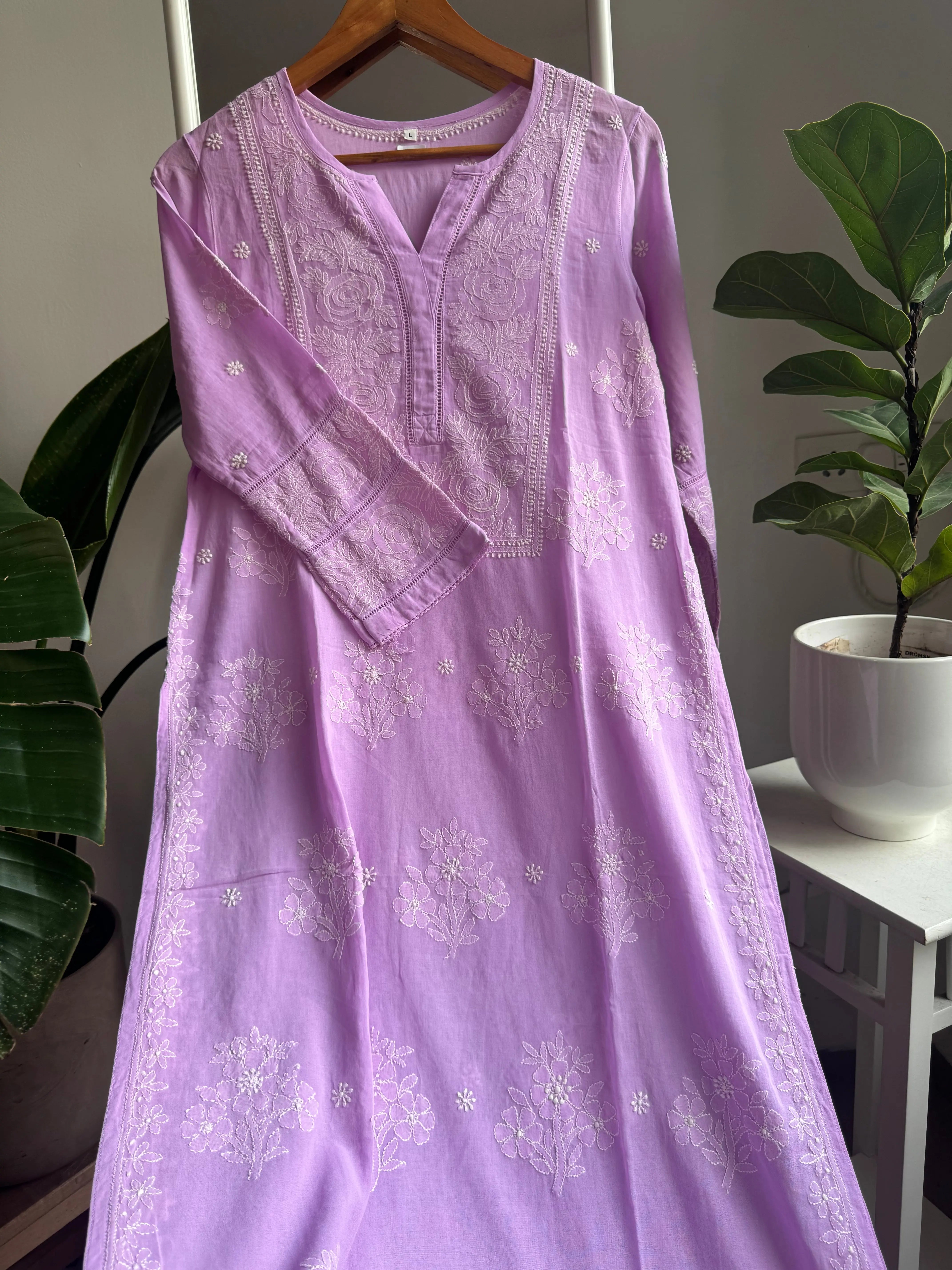 Mul Cotton Chikankari Kurti - Lilac ARIAA CHIKANKARI 