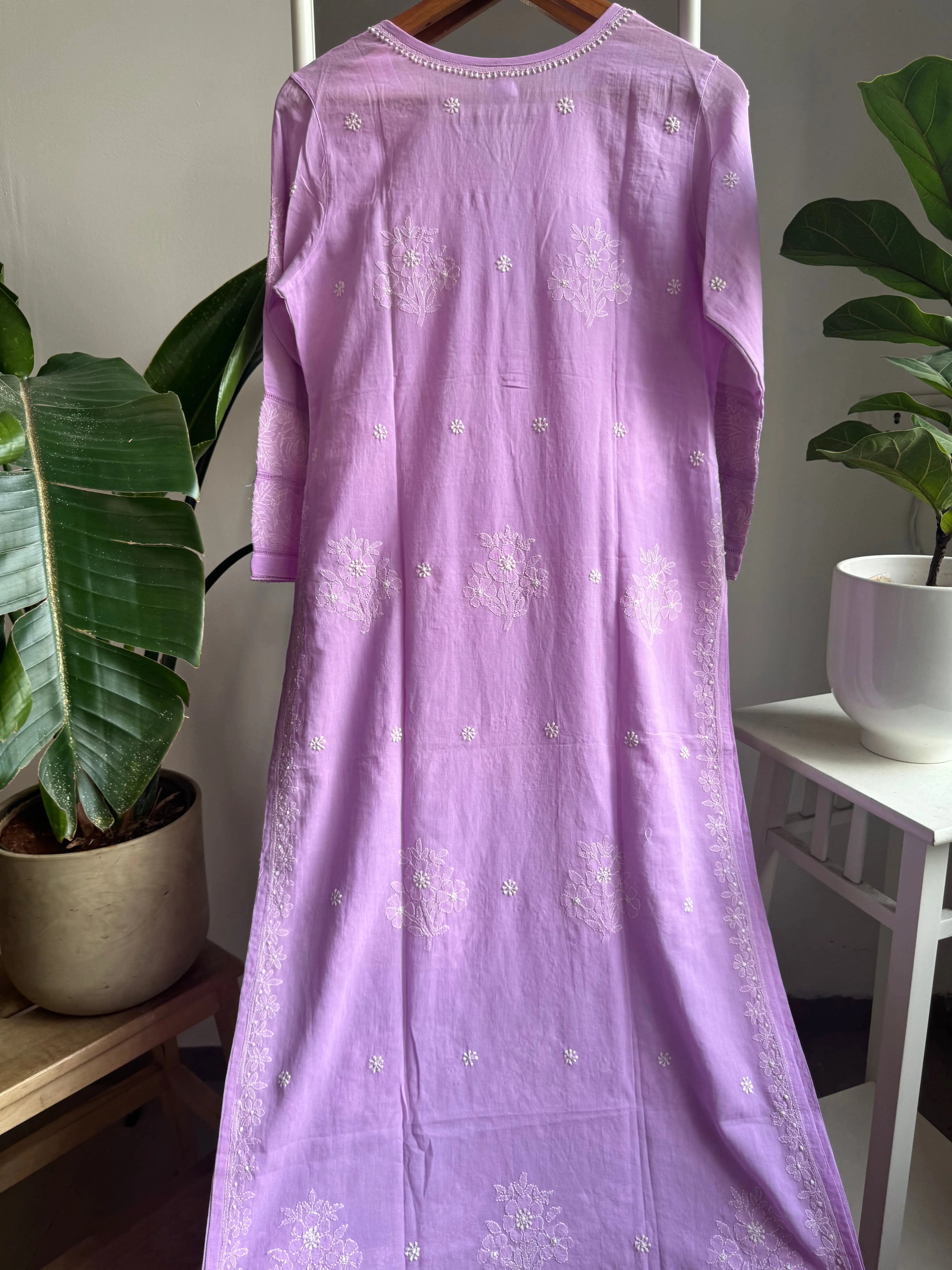 Mul Cotton Chikankari Kurti - Lilac ARIAA CHIKANKARI 