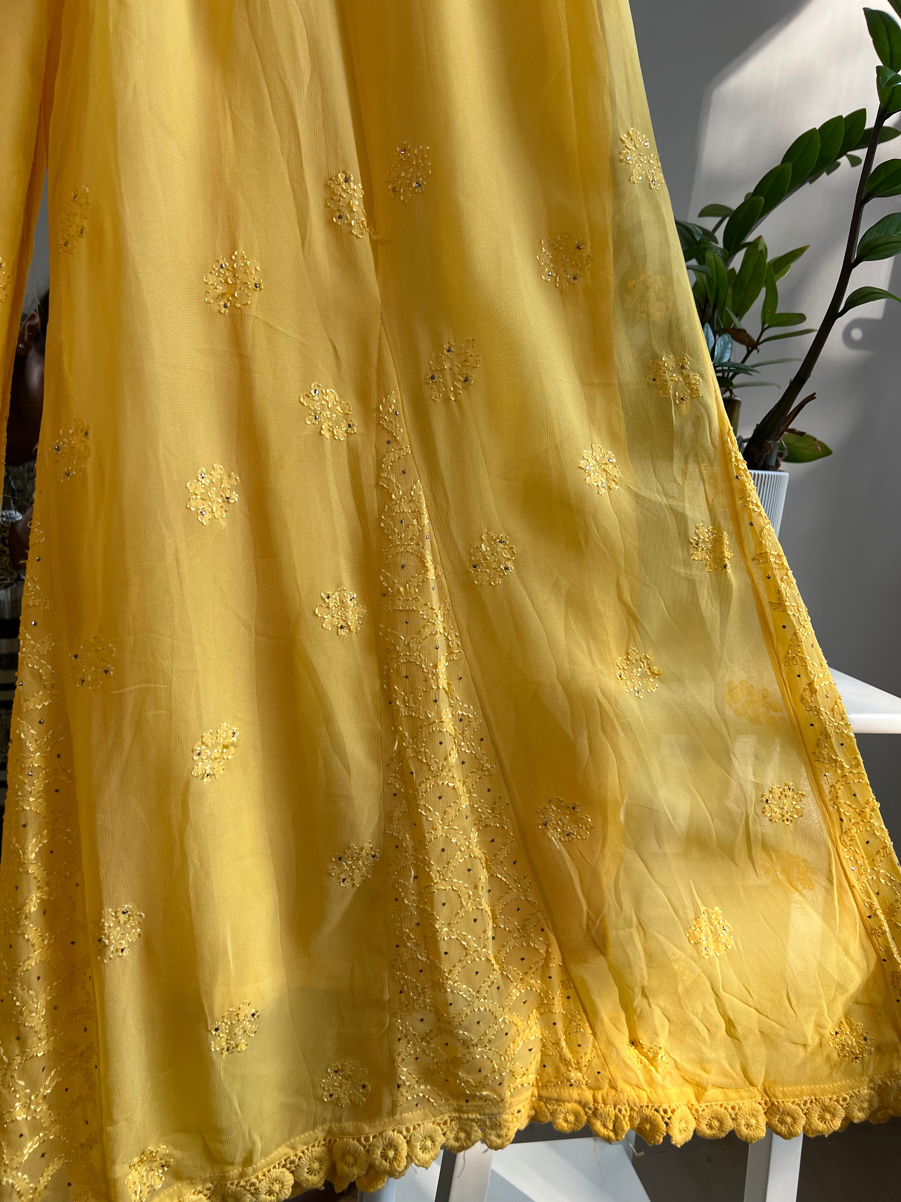 Chikankari Plazzo with mukaish - Flare - Yellow ARIAA CHIKANKARI 