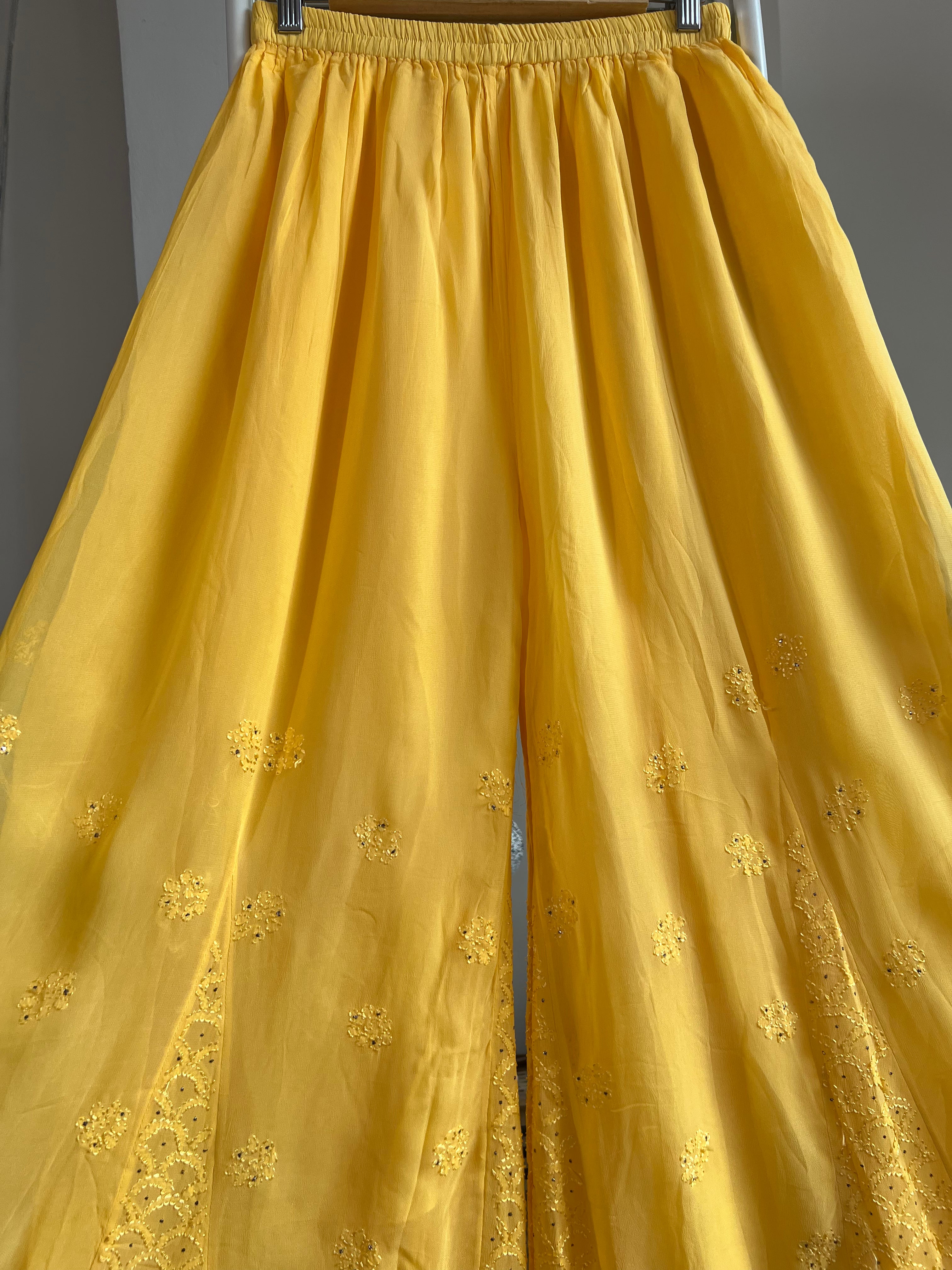 Chikankari Plazzo with mukaish - Flare - Yellow ARIAA CHIKANKARI 