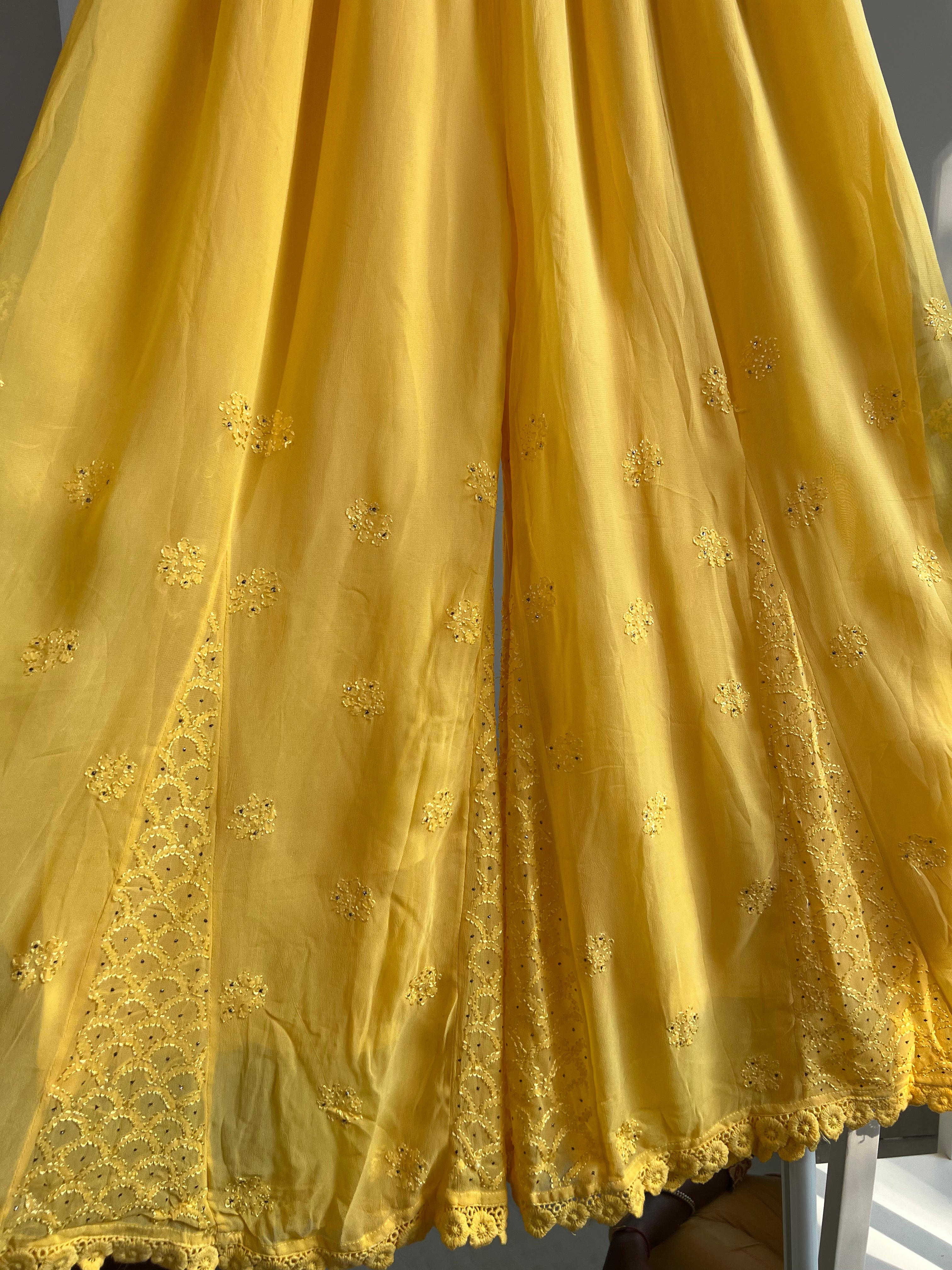 Chikankari Plazzo with mukaish - Flare - Yellow ARIAA CHIKANKARI 