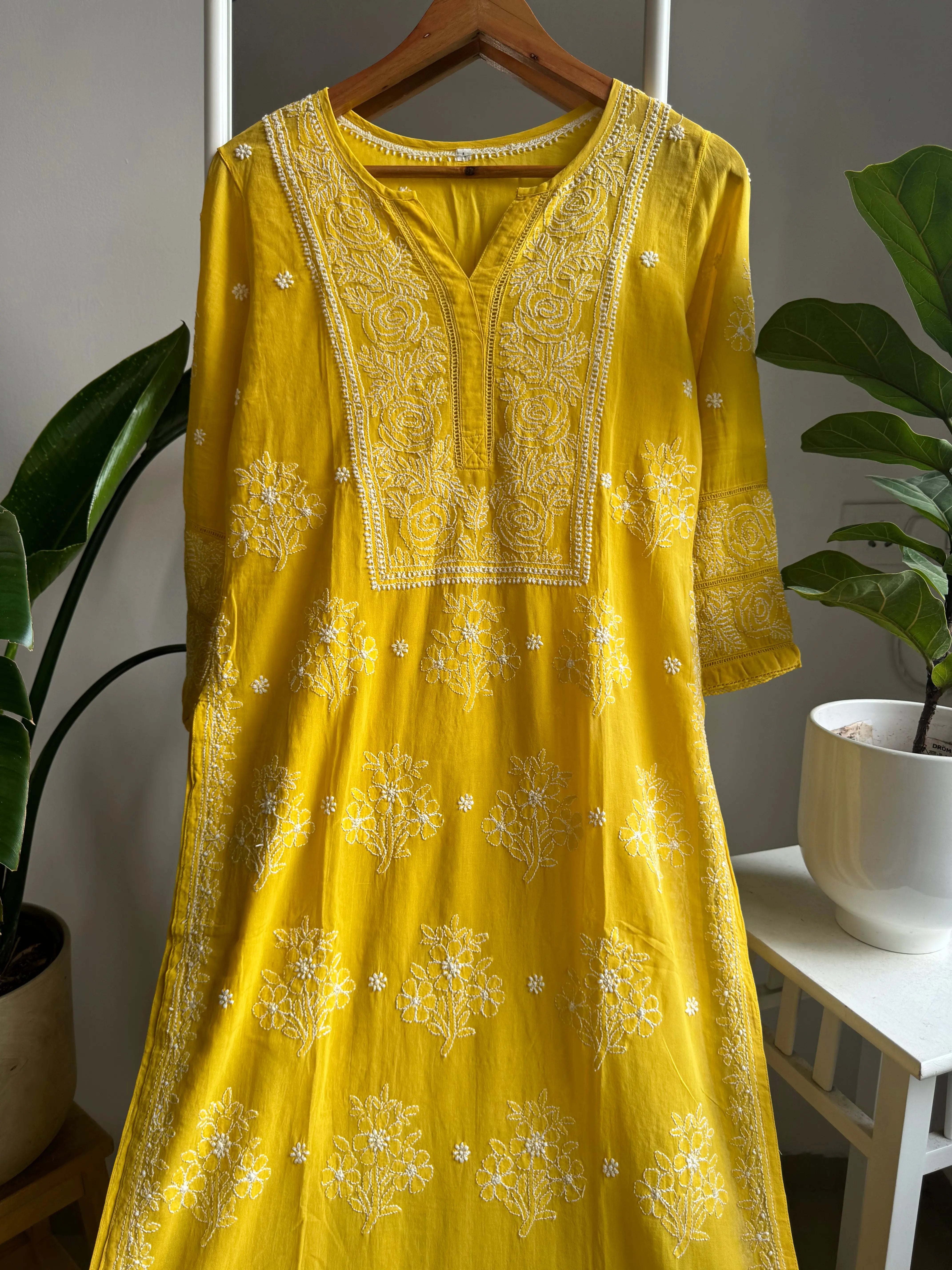 Mul Cotton Chikankari Kurti - Yellow ARIAA CHIKANKARI 