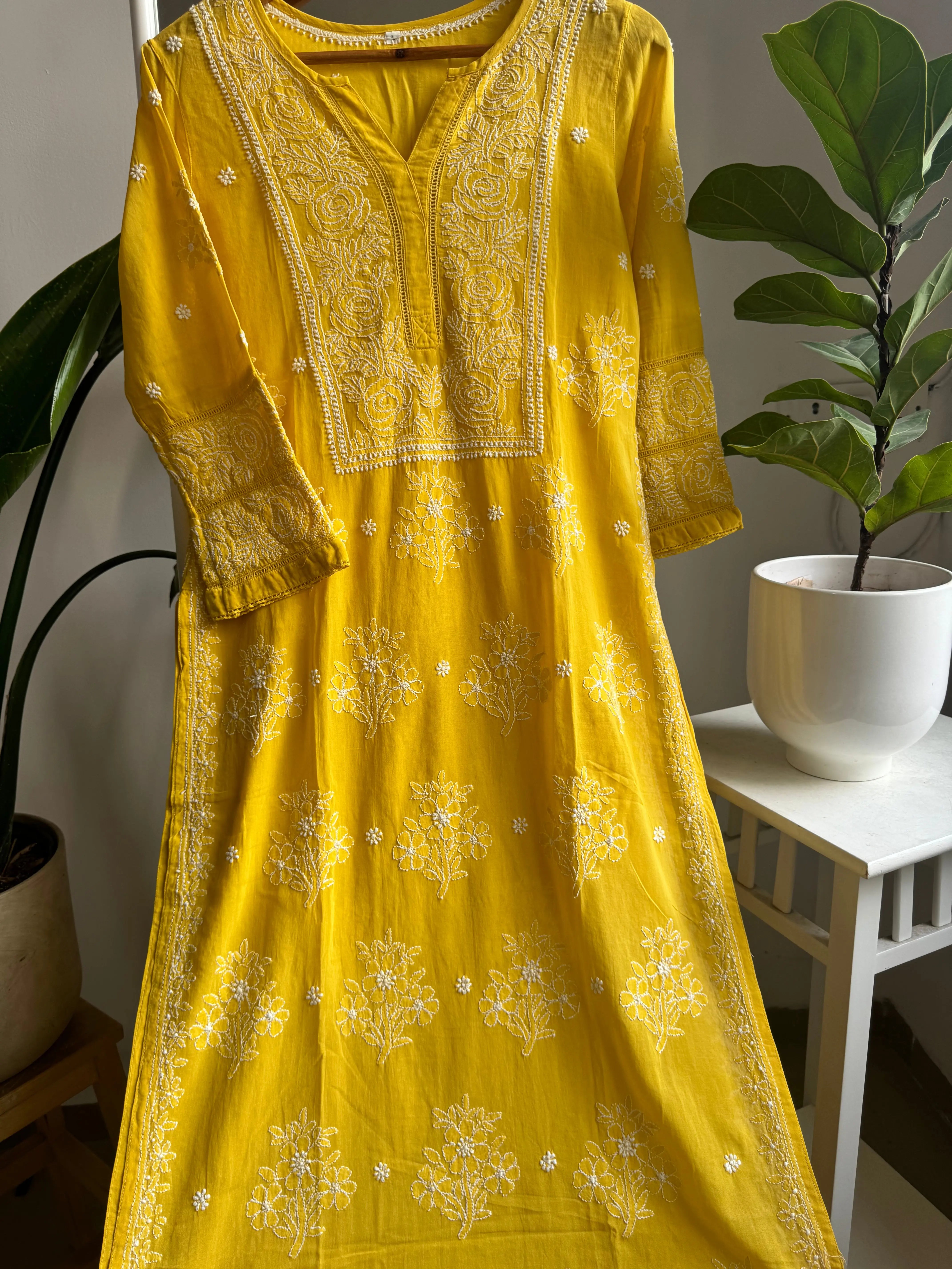 Mul Cotton Chikankari Kurti - Yellow ARIAA CHIKANKARI 