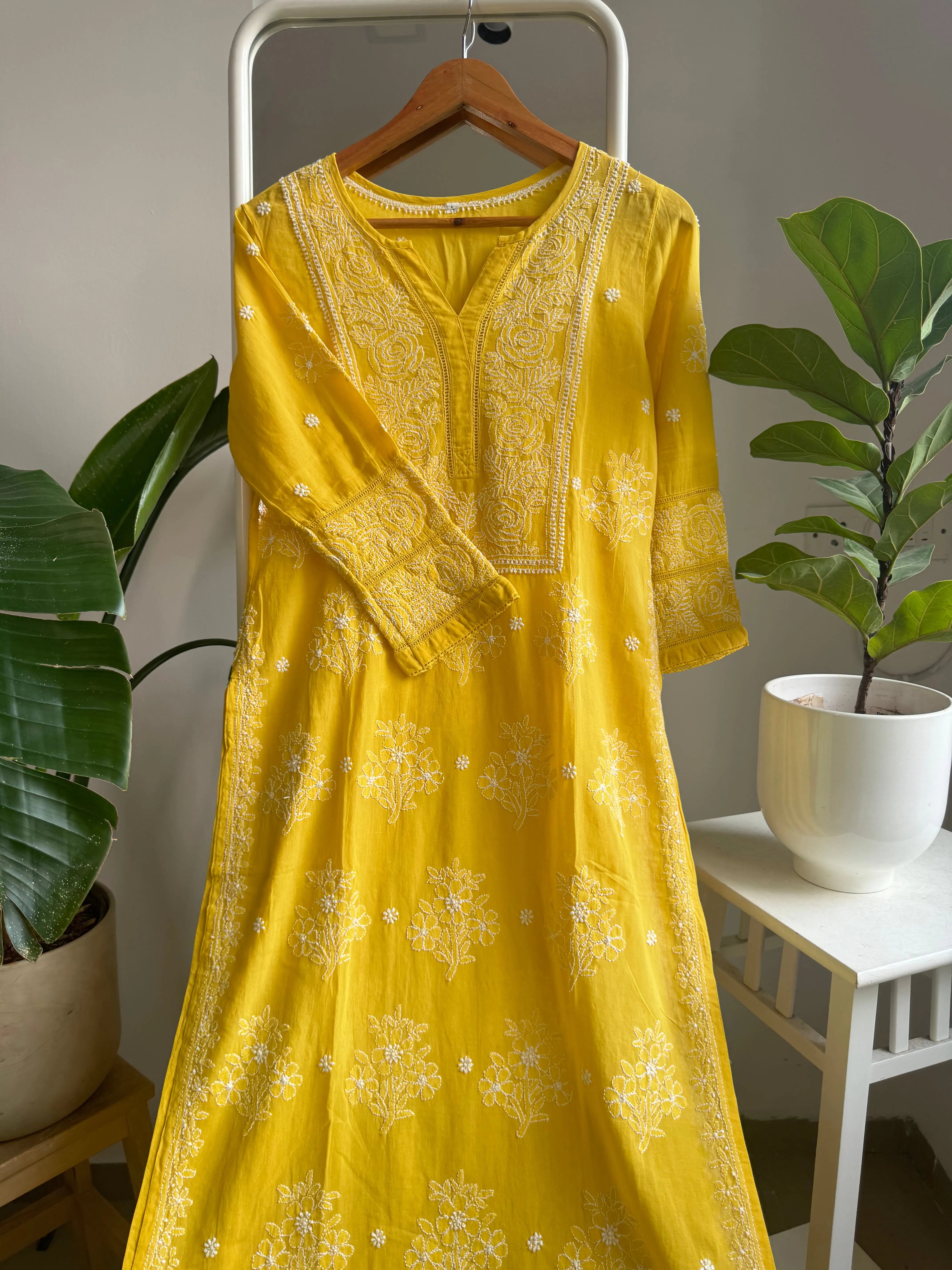 Mul Cotton Chikankari Kurti - Yellow ARIAA CHIKANKARI 