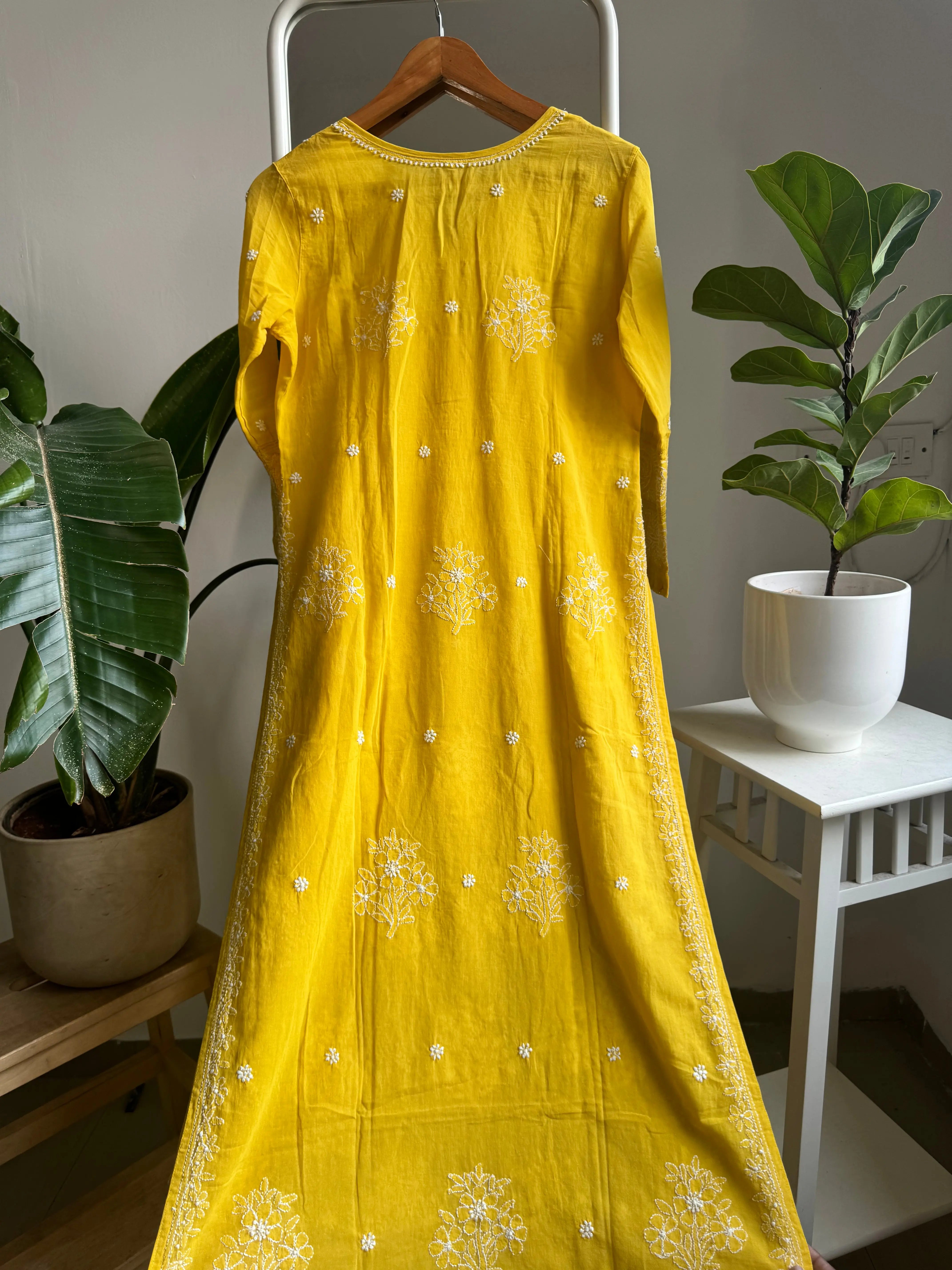 Mul Cotton Chikankari Kurti - Yellow ARIAA CHIKANKARI 