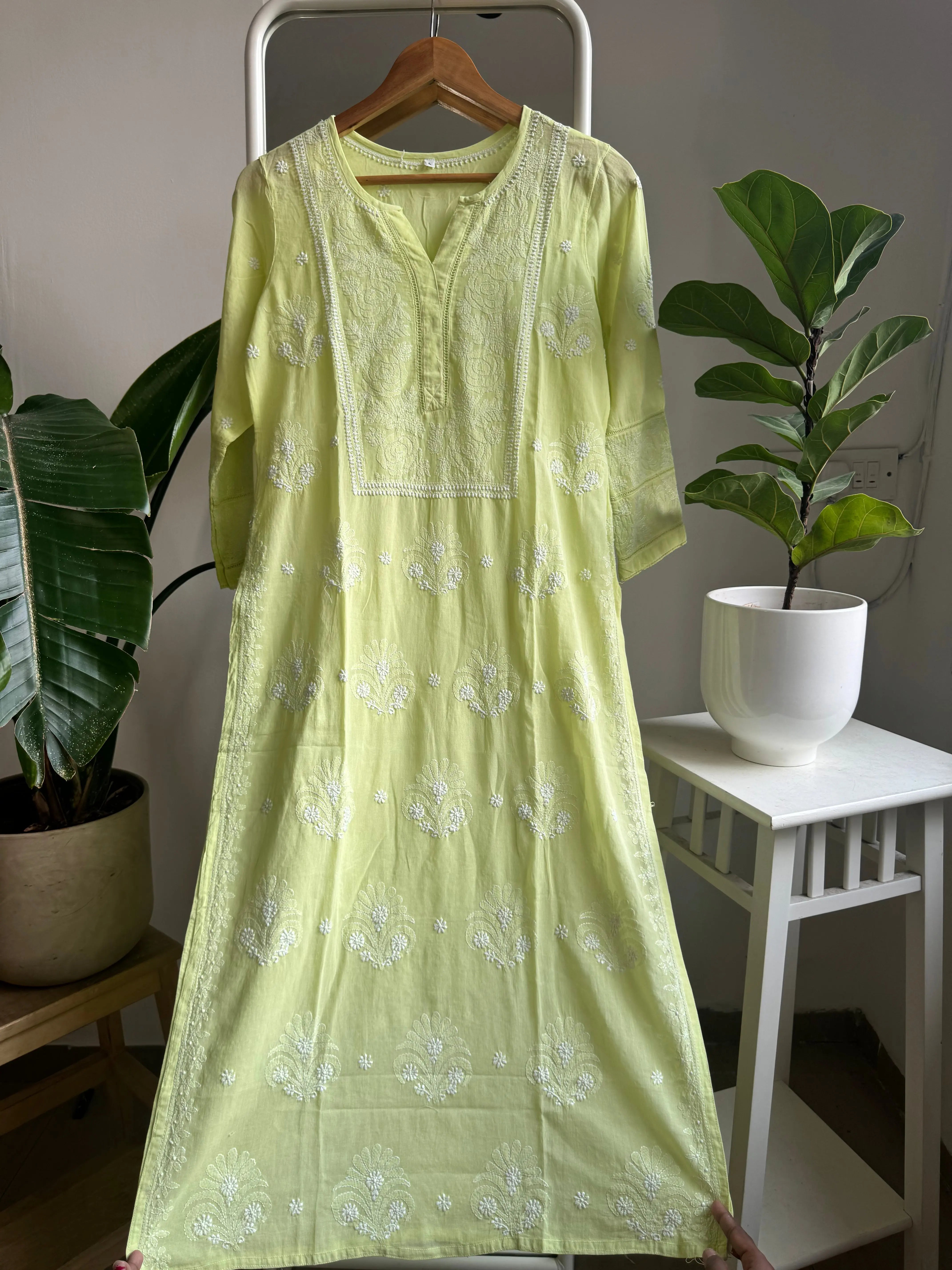 Mul Cotton Chikankari Kurti - Lemon Green ARIAA CHIKANKARI 