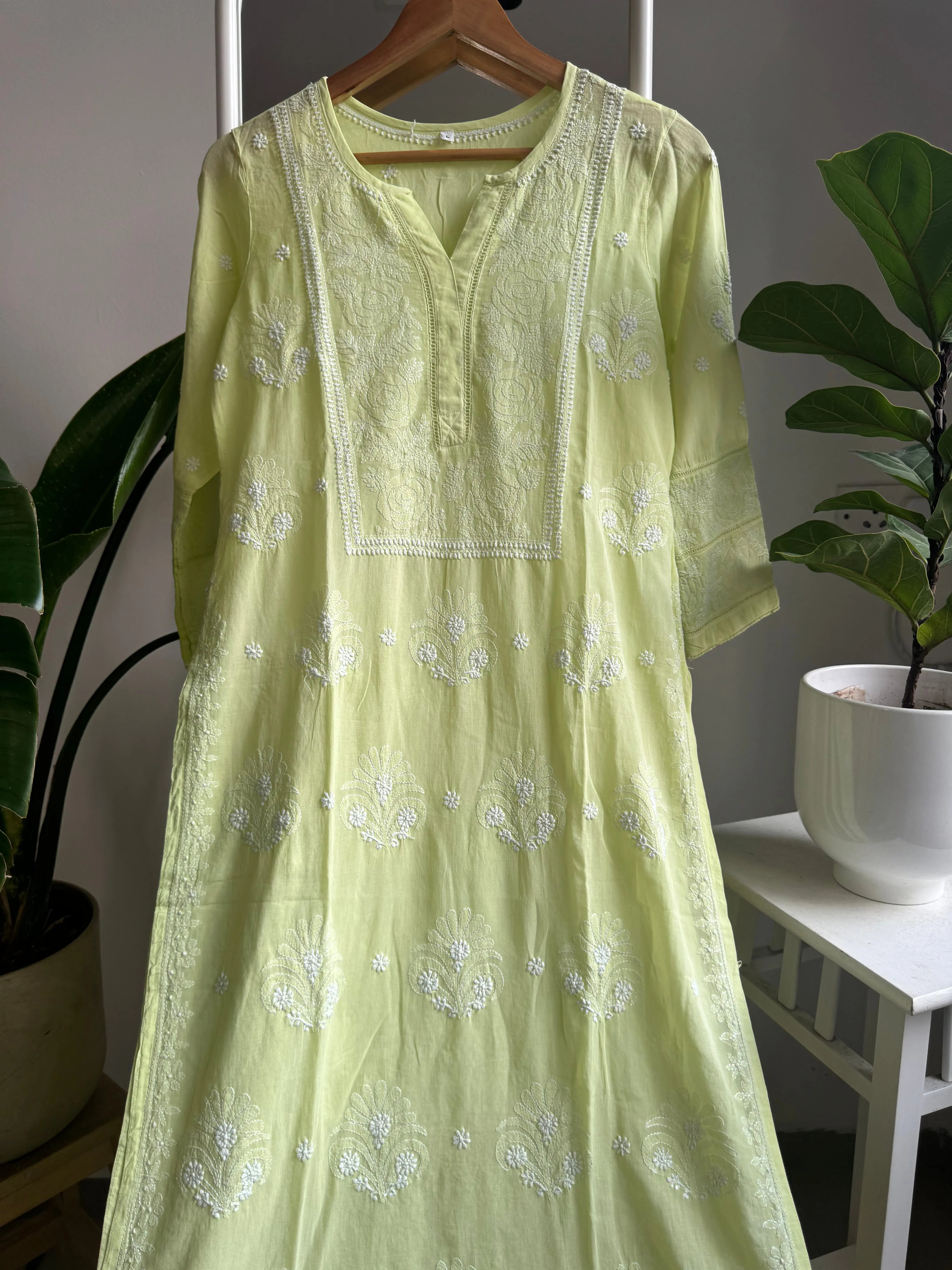 Mul Cotton Chikankari Kurti - Lemon Green ARIAA CHIKANKARI 