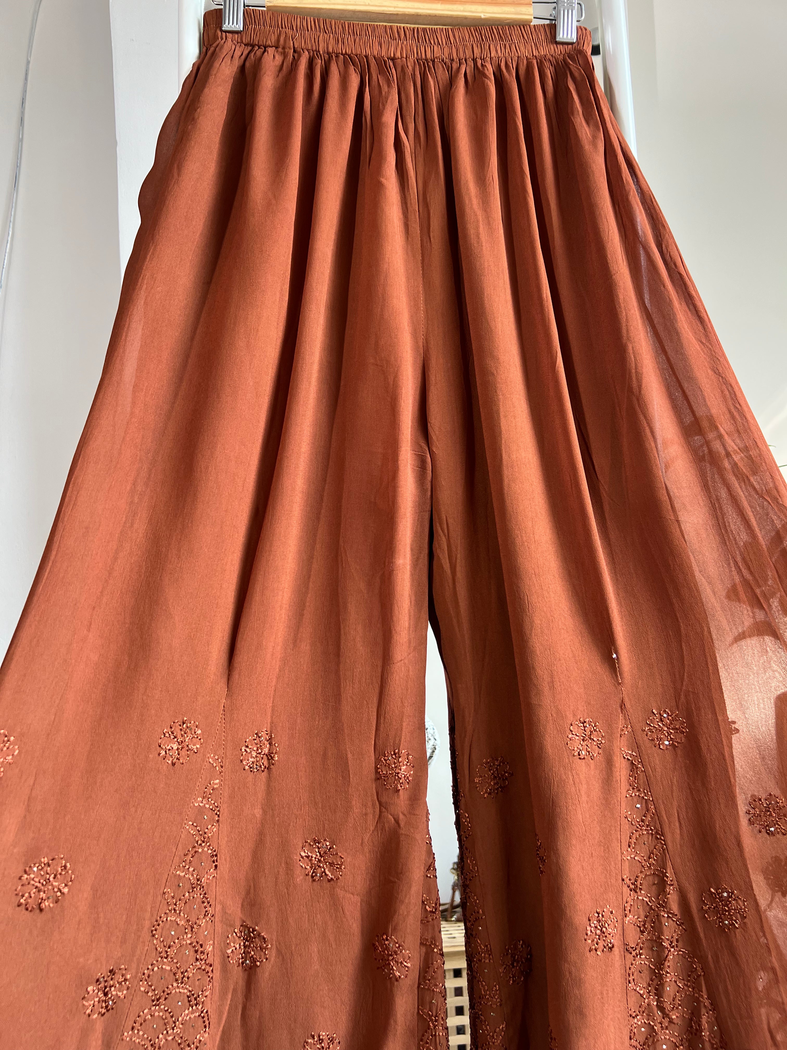 Chikankari Plazzo with mukaish - Flare - Brown ARIAA CHIKANKARI 