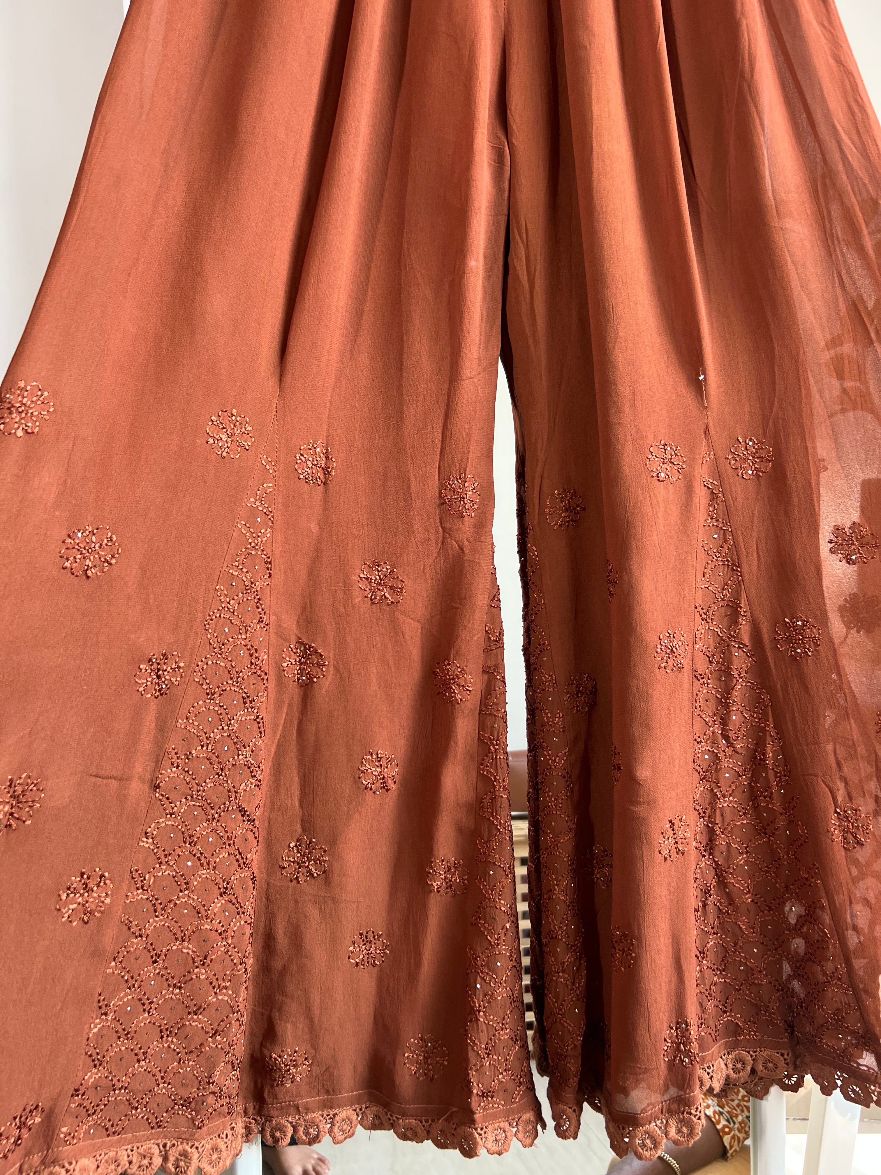 Chikankari Plazzo with mukaish - Flare - Brown ARIAA CHIKANKARI 