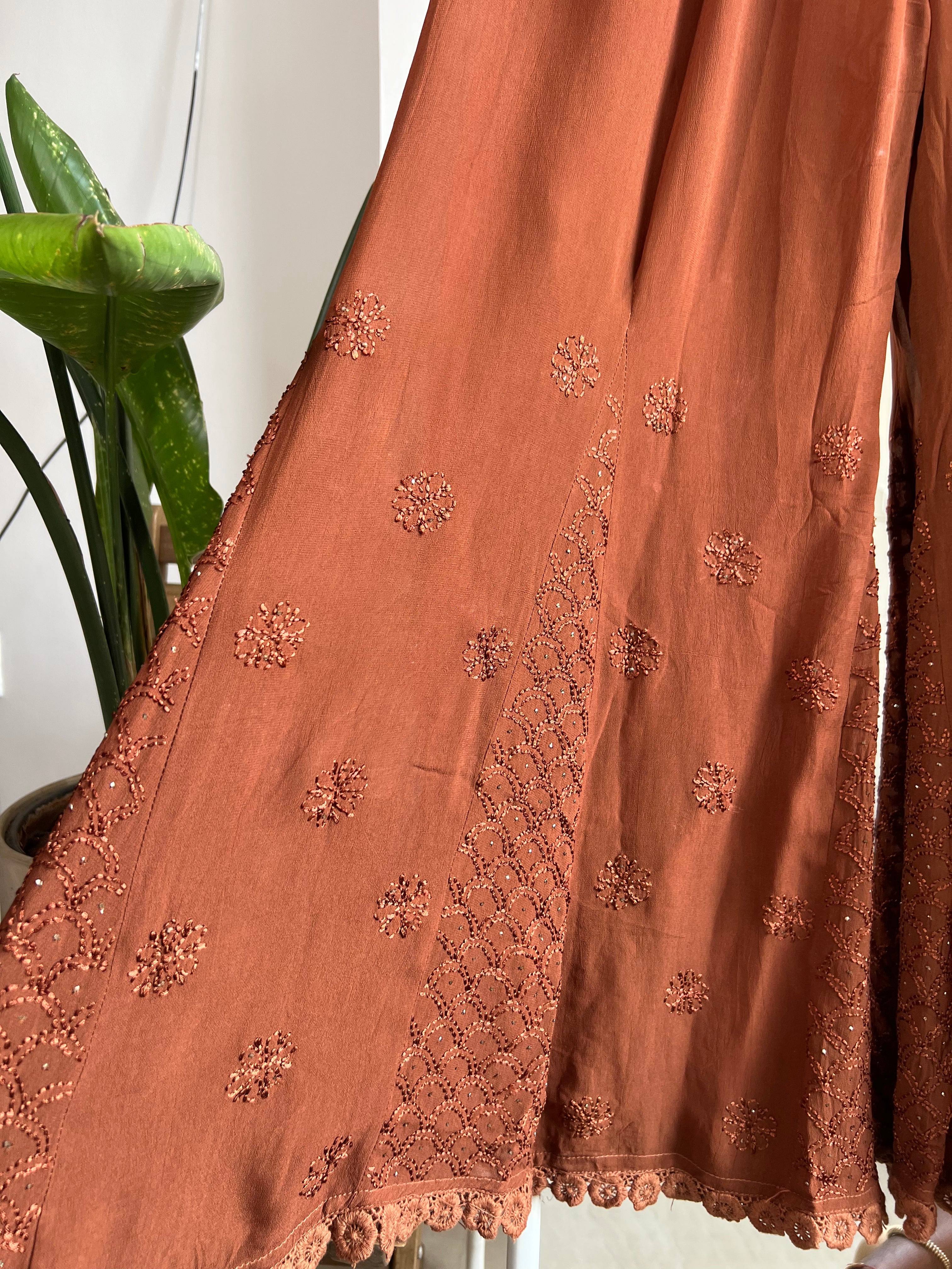 Chikankari Plazzo with mukaish - Flare - Brown ARIAA CHIKANKARI 